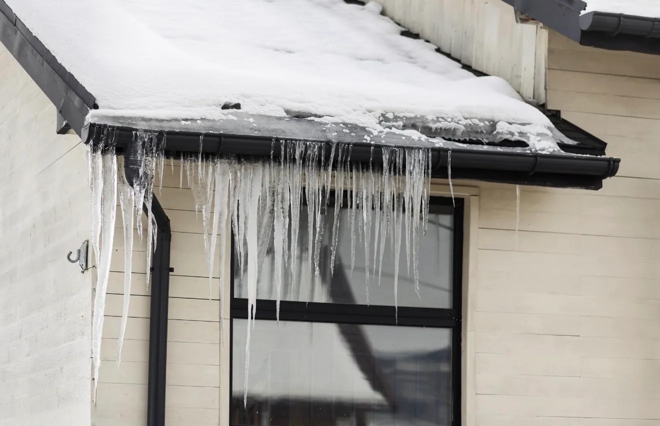 Long icicles hanging from a black gutter across the top of a dark-framed window, with snow on the roof above and cream siding on either side.