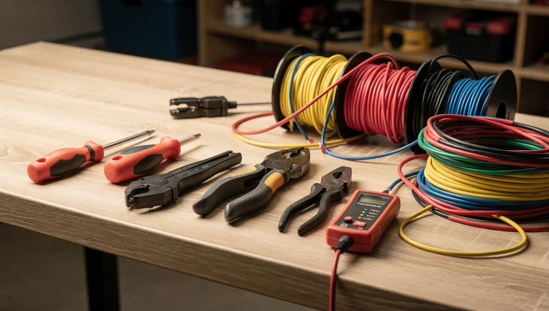 A worktable with wiring diagrams, a multimeter, and a mug of coffee.