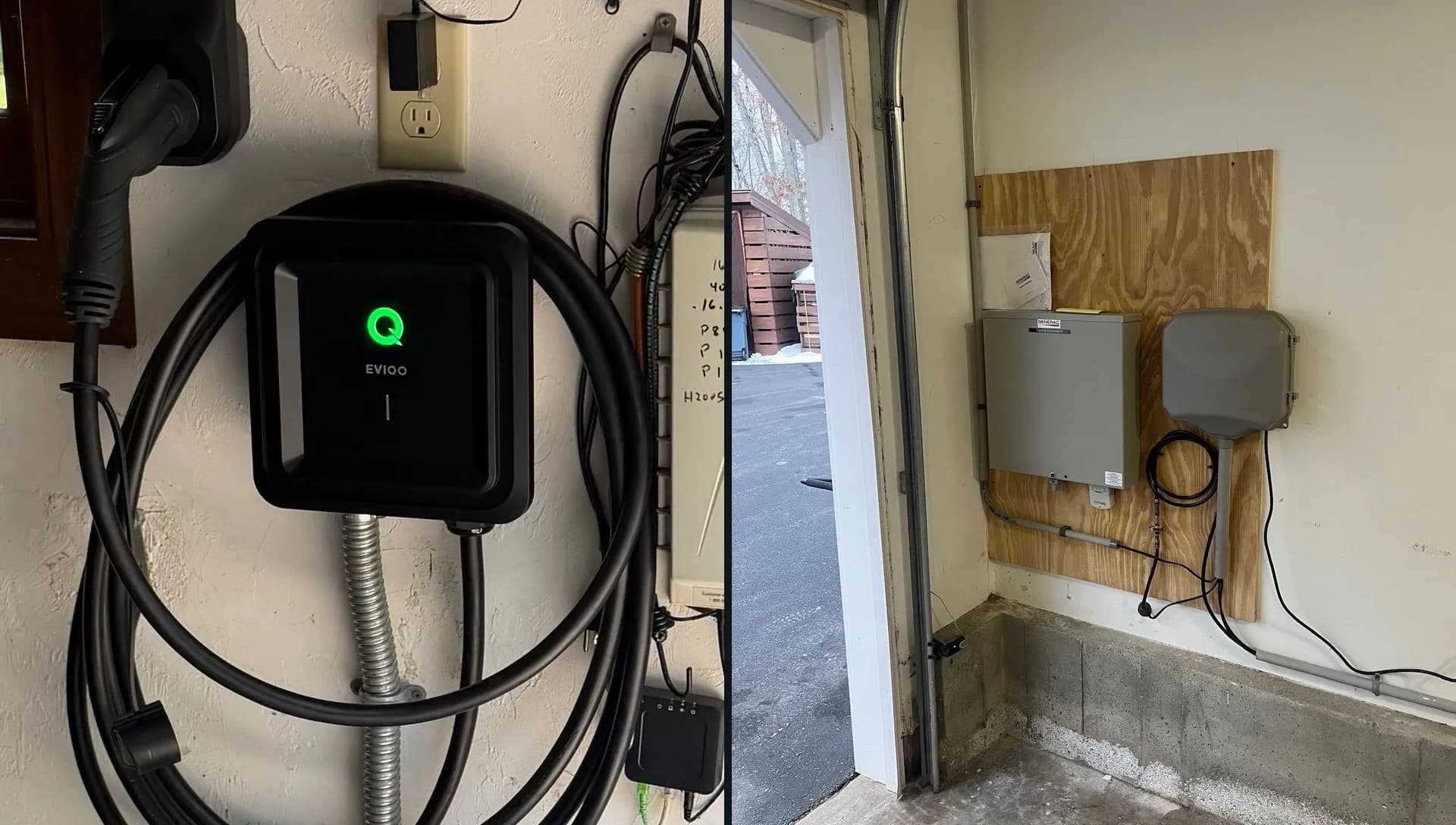 Two Level 2 EV chargers side by side: a black EVIDO charger with a green status light on a garage wall, its cable coiled around the unit on flexible metal conduit, and a gray wall charger with its coiled cable beside a gray enclosure on a plywood backboard in a garage corner.