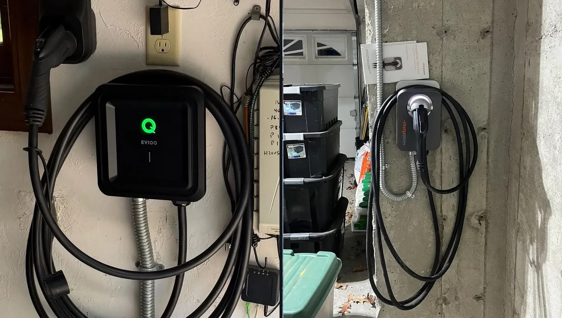Two Level 2 EV chargers side by side: a black EVIDO charger with a green status light on a garage wall, its cable coiled around the unit on flexible metal conduit, and a ChargePoint Home Flex on a concrete garage pillar with its connector holstered and cable coiled, storage bins beside it.