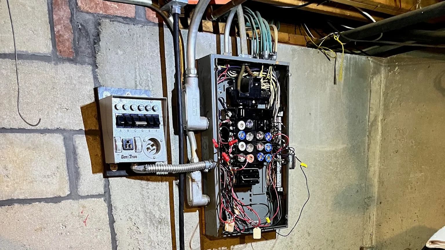 An old basement fuse panel with its cover off and a tangle of red and black wiring, beside a Gen/Tran manual generator transfer switch on a block wall.