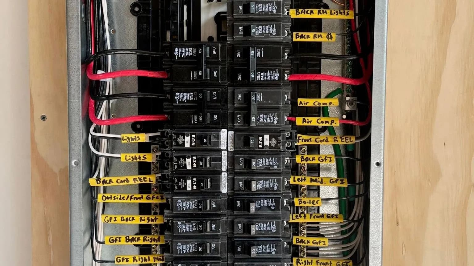 An open breaker panel with neatly dressed wiring and every circuit hand-labeled on yellow tags, from back room lights and an air compressor to the boiler and GFCI circuits.