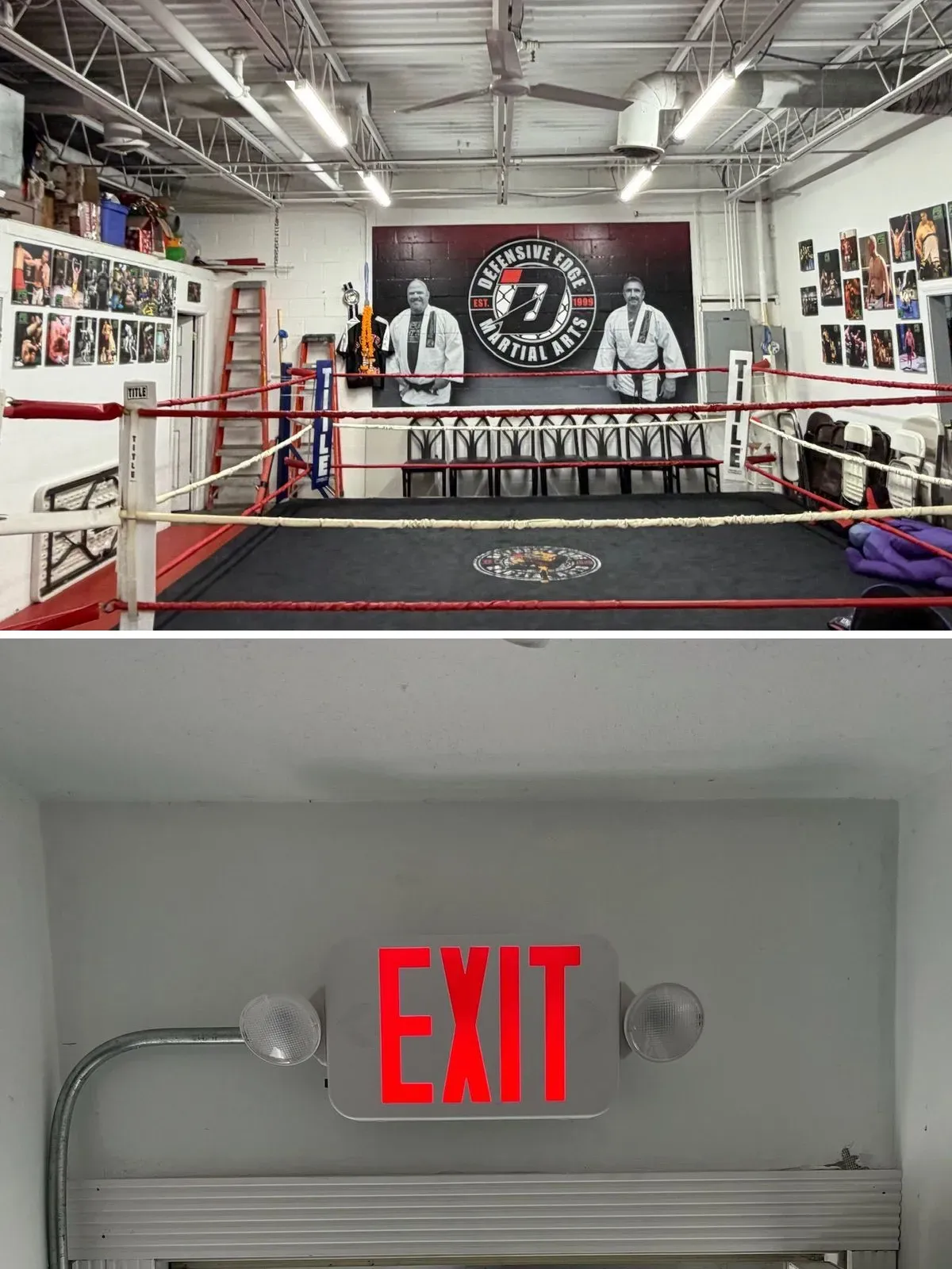Two photos stacked: a boxing ring at Defensive Edge Martial Arts under rows of LED strip fixtures and an open steel ceiling, the academy banner on the back wall, and a lit red EXIT sign with twin emergency lights above a doorway.