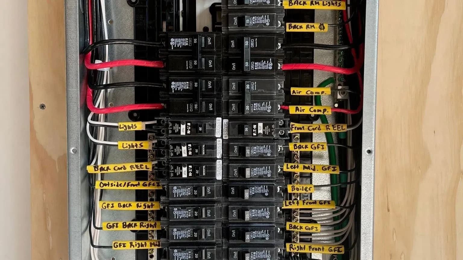 An open breaker panel on a plywood wall with neatly dressed red, black and white wiring, every circuit labeled on a yellow tag such as Back Rm Lights, Air Comp and Front Cord Reel.