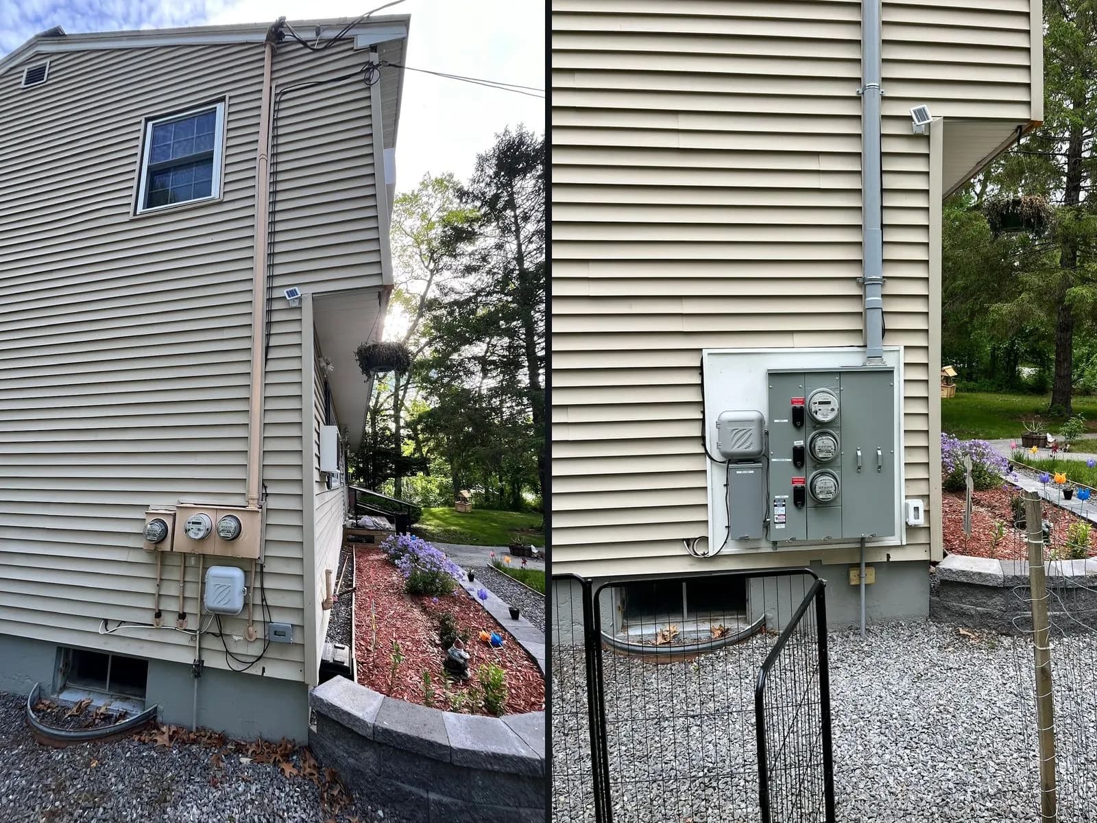 Before and after on the same tan-sided house: three weathered beige meter sockets with cables running down the wall, then a new gray three-meter center on a white backboard fed by a gray conduit mast.
