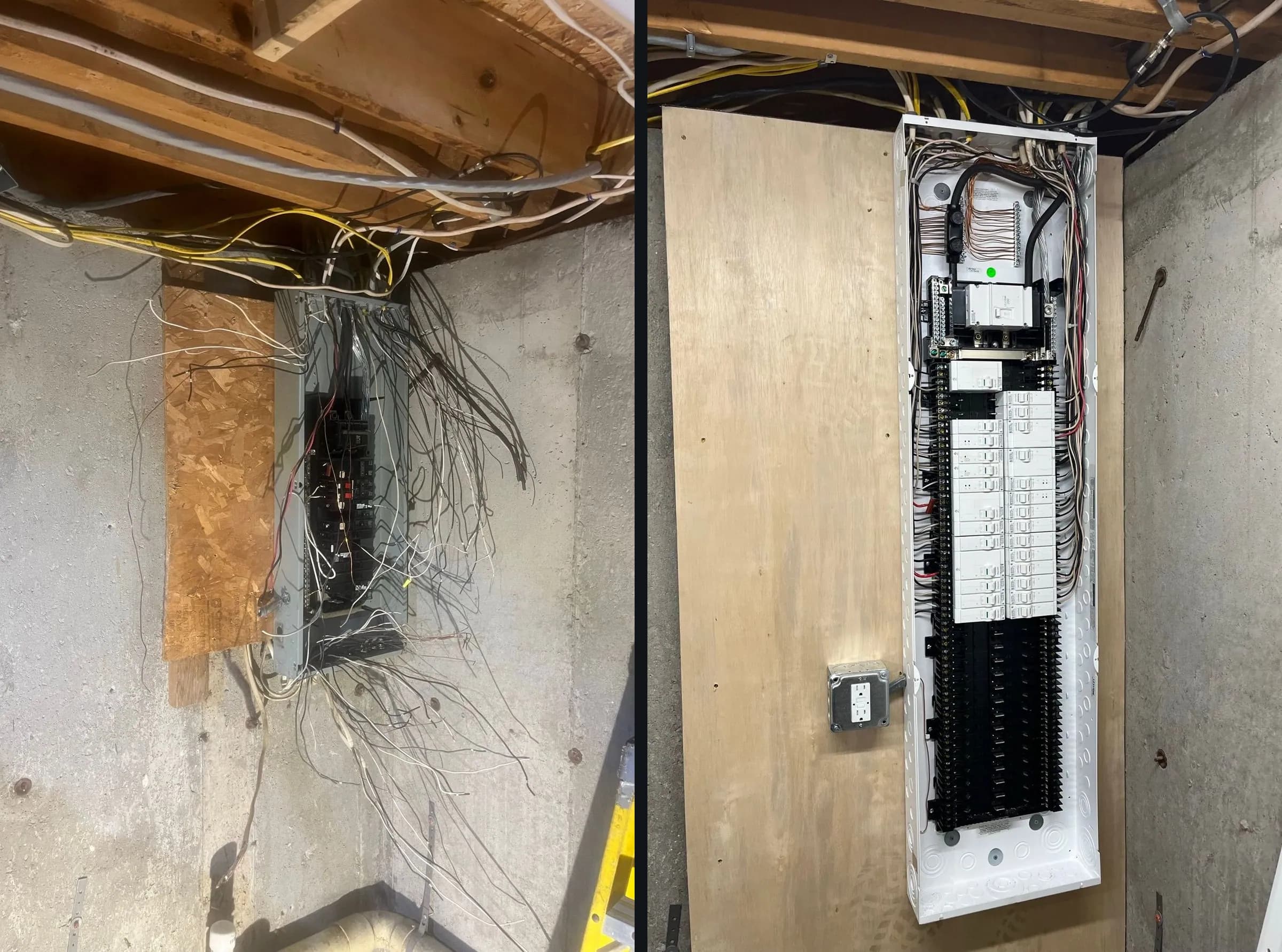 Before and after of a basement panel: dozens of loose wires hanging from an old panel, then a new panel neatly wired with rows of breakers on a fresh plywood backboard.