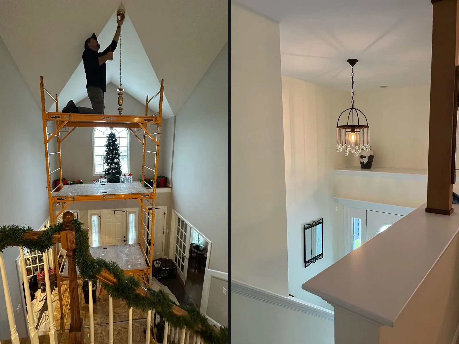 Two photos side by side: an electrician on orange rolling scaffolding securing a chandelier canopy at the peak of a two-story foyer, and a crystal-drop cage pendant hanging in a two-story foyer seen from the upstairs landing.