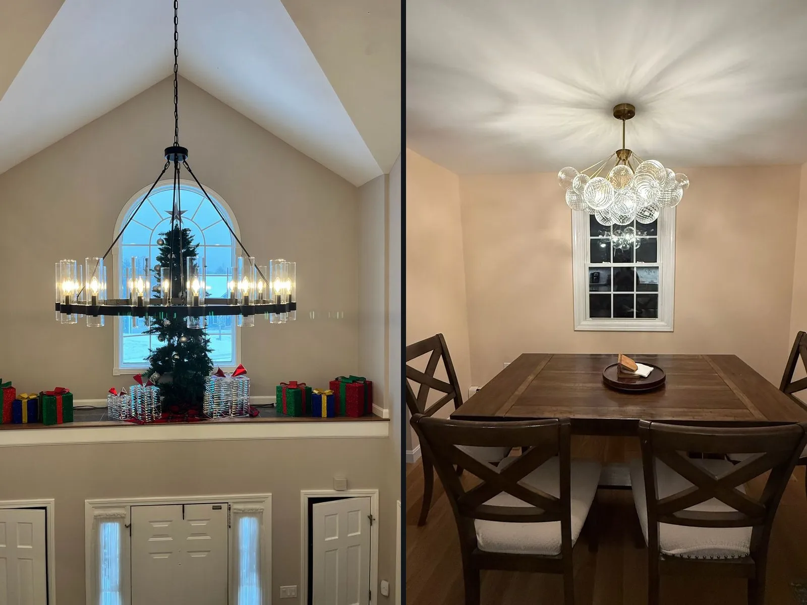 Two chandeliers side by side: a large black wagon-wheel chandelier with glass cylinder lights in a two-story foyer before an arched window, and a glowing glass bubble chandelier over a square wooden dining table.