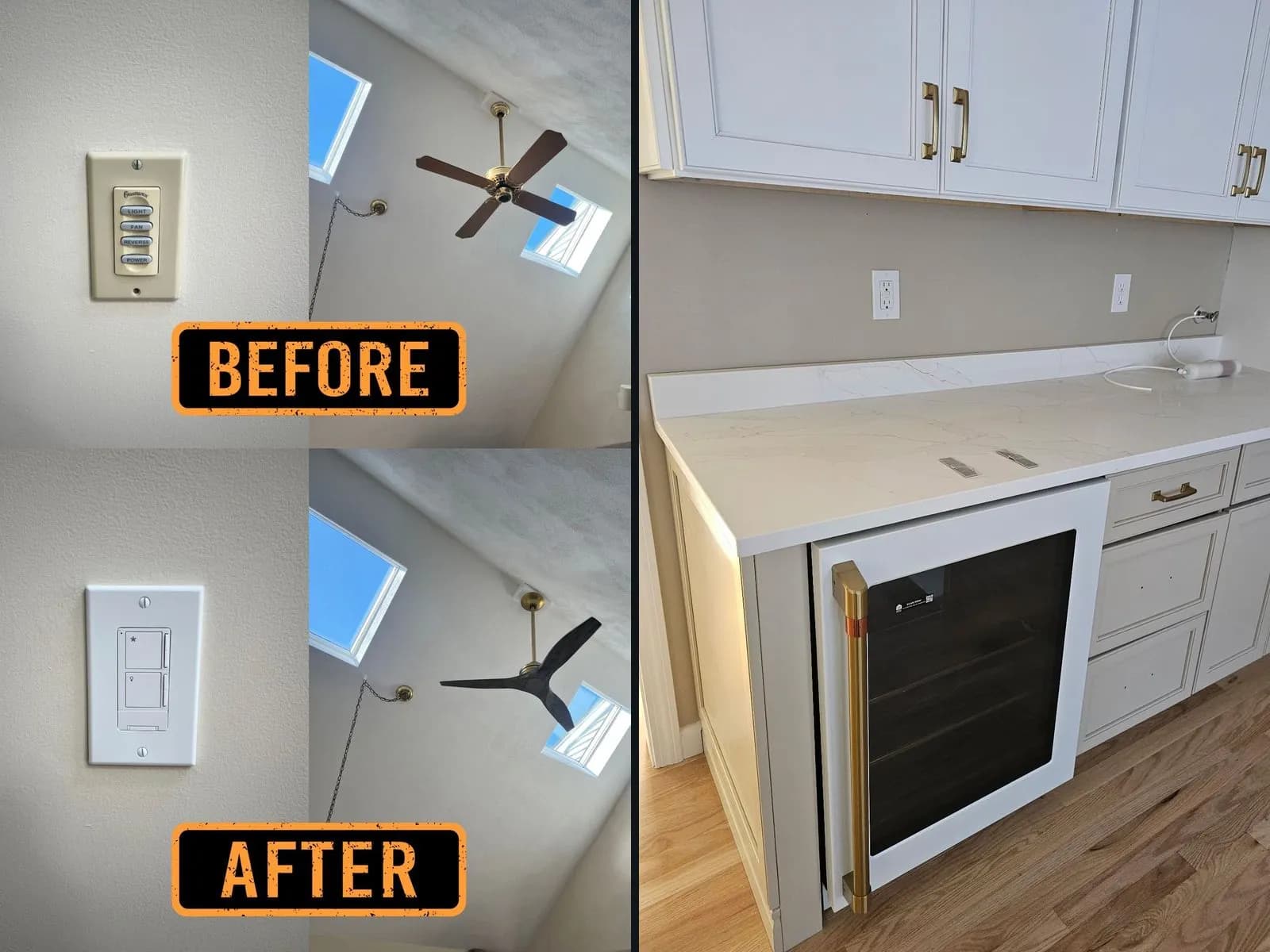 Two photos side by side: before and after shots of an old almond fan control replaced by a white wall control and an old brass ceiling fan replaced by a black three-blade fan, and a new kitchen beverage station with two new receptacles above a white quartz counter.