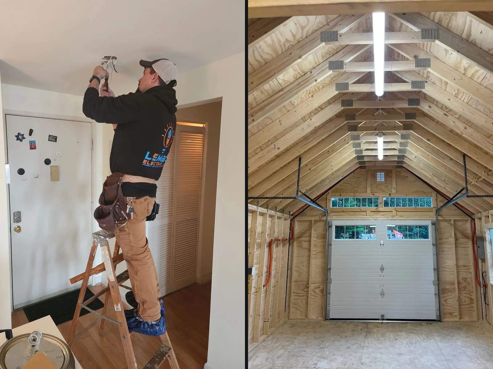 Two photos side by side: a Lembo electrician in shoe covers on a wooden stepladder wiring a ceiling box in an entry hall, and a new wood-framed garage lit by linear LED fixtures along the ridge above a white overhead door.