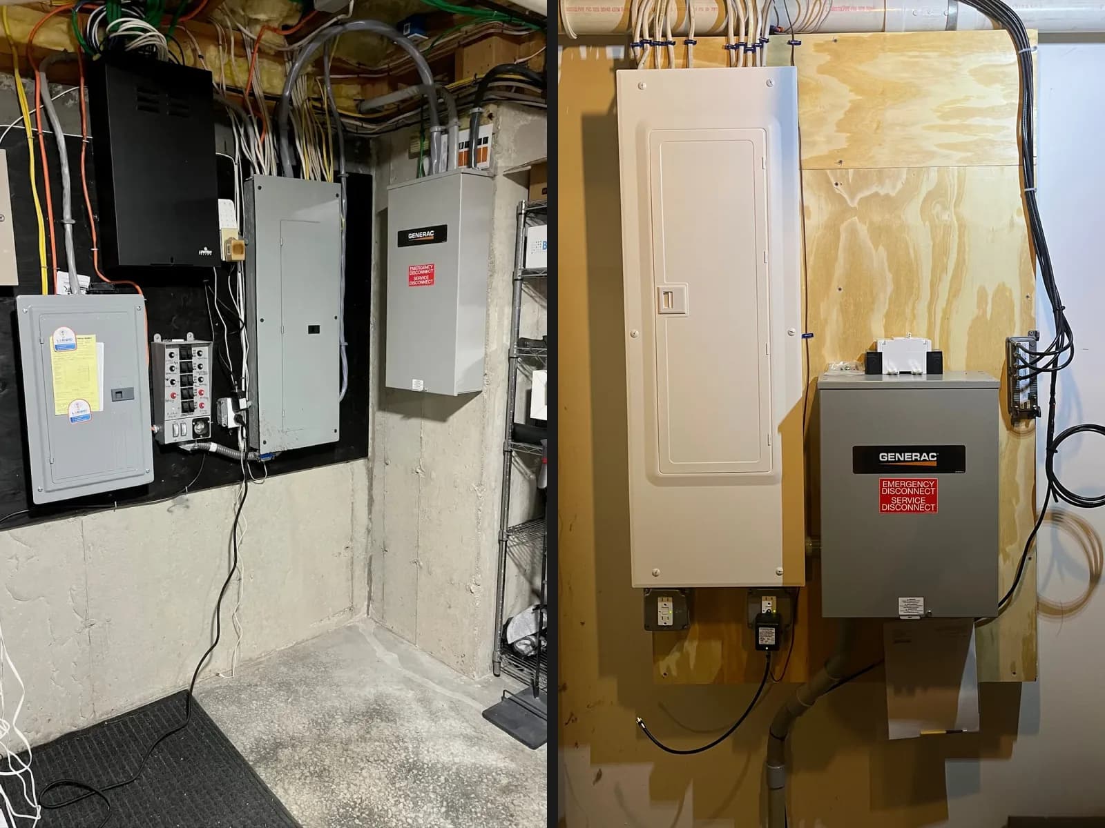 Two basement walls side by side: a main panel, a second panel, a manual transfer switch and a Generac automatic transfer switch on a black backboard, and a white panel beside a Generac automatic transfer switch marked emergency service disconnect on a plywood backboard.