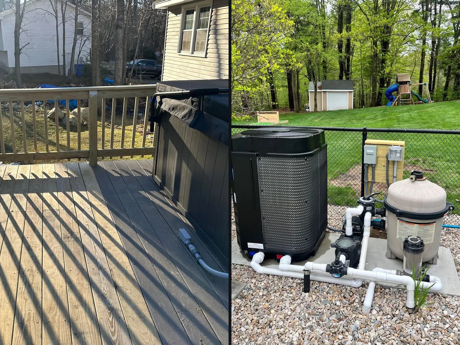 Two photos side by side: liquid-tight flexible conduit running along a new wooden deck into the side of a covered hot tub, and a pool heat pump, pump and filter on a pad with a disconnect and an outlet mounted on a post.