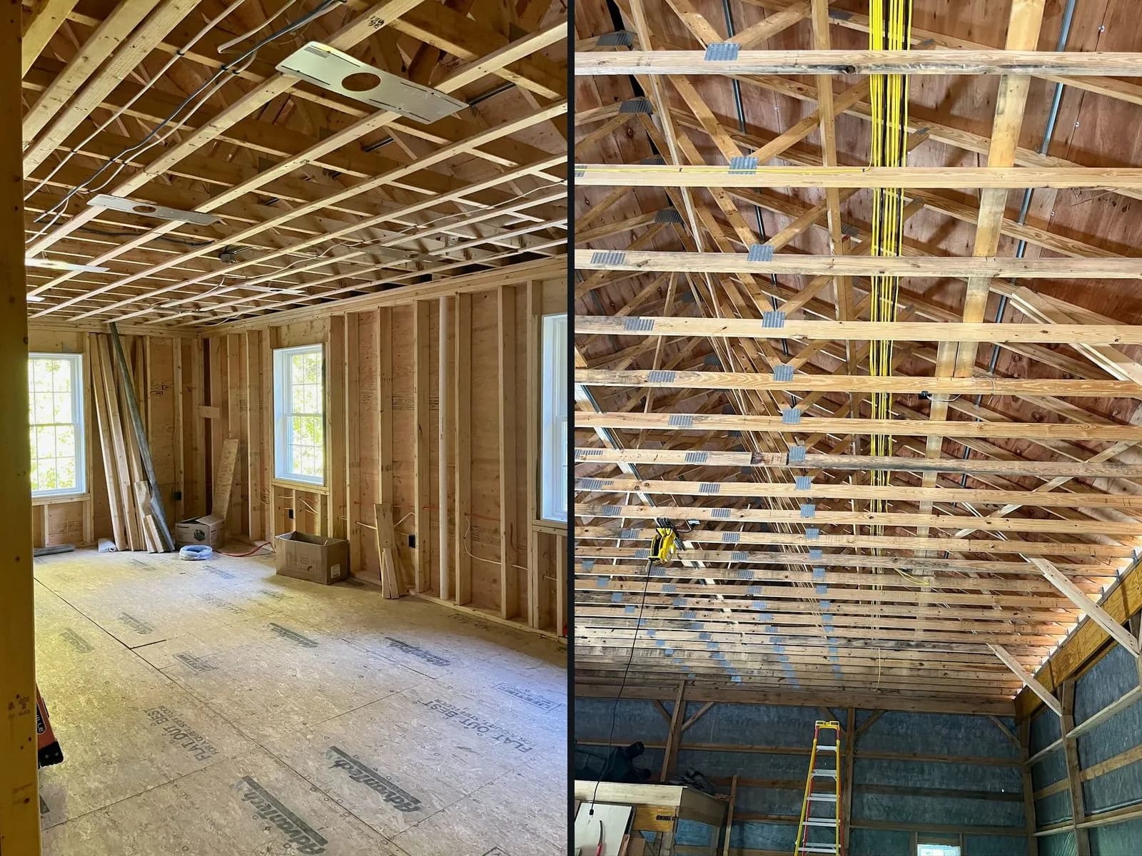 Two photos side by side: a framed addition with rough-in cable stapled along bare studs and recessed light housings between open joists, and pole barn trusses with a neat bundle of yellow cable stapled along one run.