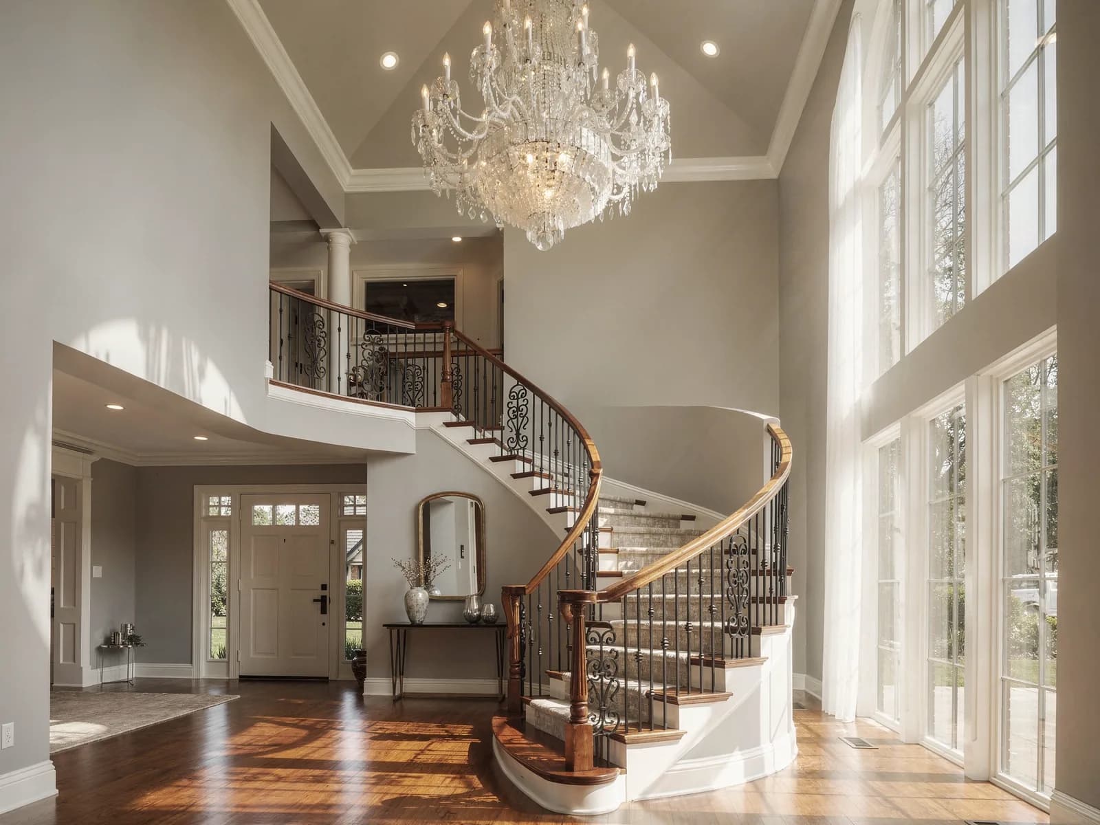 A large crystal chandelier hanging above a curved staircase in a two-story foyer with tall windows.