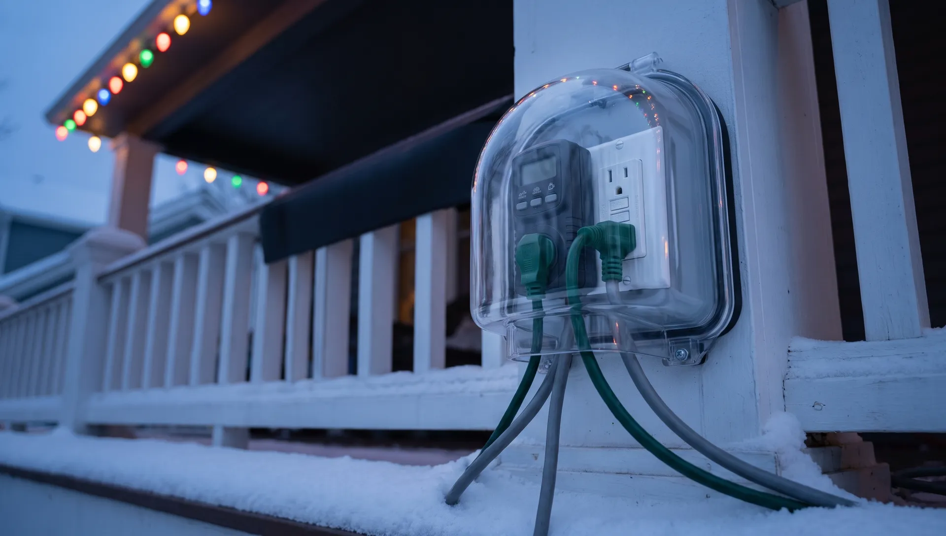 A clear weatherproof cover over a porch outlet with a plug-in timer and green cords, colored holiday lights along the snowy porch roof.