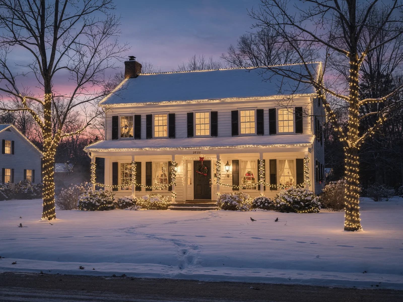 A two-story white colonial home at dusk with warm white string lights running along the rooflines and eaves and wrapped up the trunks of two front trees, a lit wreath on the front door, and snow covering the yard.