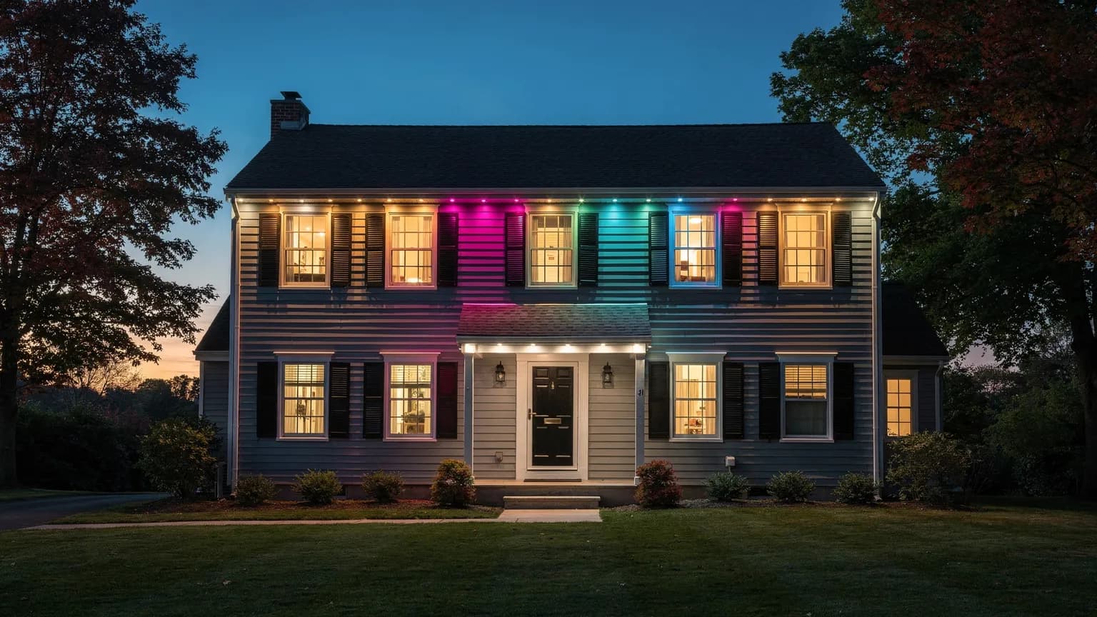 A gray two-story colonial with black shutters at dusk, small permanent point lights under the eaves glowing amber, magenta and teal, each washing a soft band of color down the siding, with white lights under the front-door overhang.