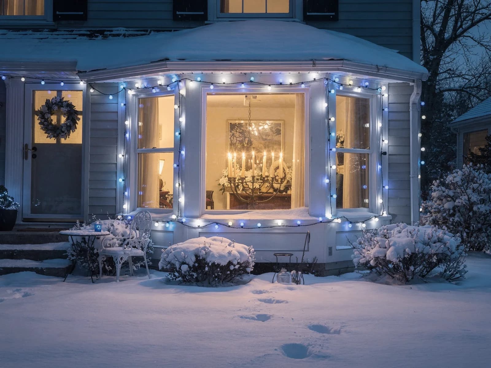 Blue and white string lights framing a snow-covered bay window and front door at dusk, with a lit candelabra glowing on the mantel inside the front window.