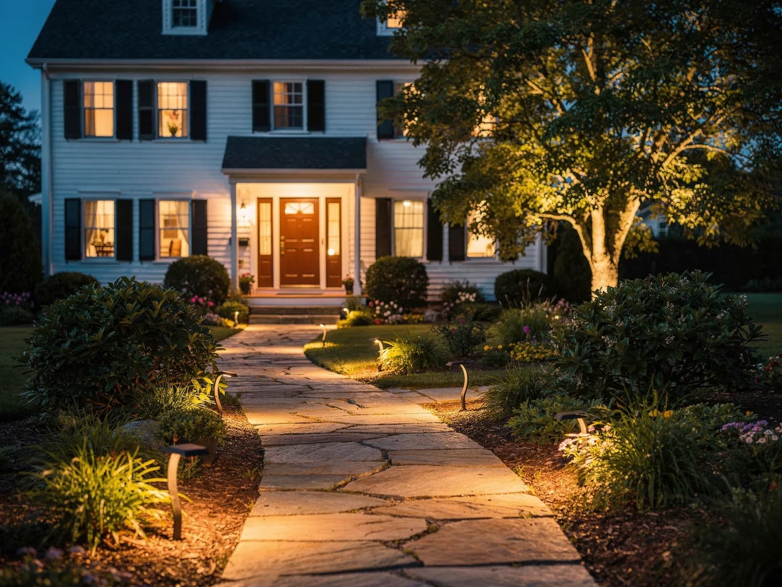 A stone front walkway at dusk lined with warm low voltage path lights, a tree and shrubs uplit, and a colonial home glowing behind.
