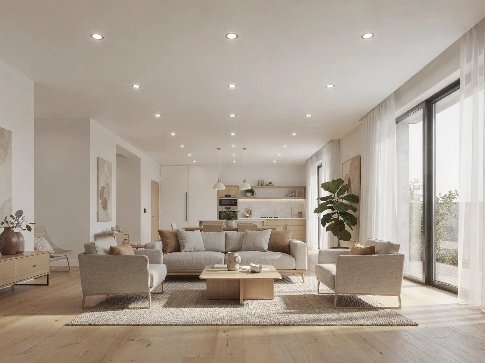 A bright open concept living room with an even grid of recessed LED can lights across a flat white ceiling, contemporary furniture, and tall windows.