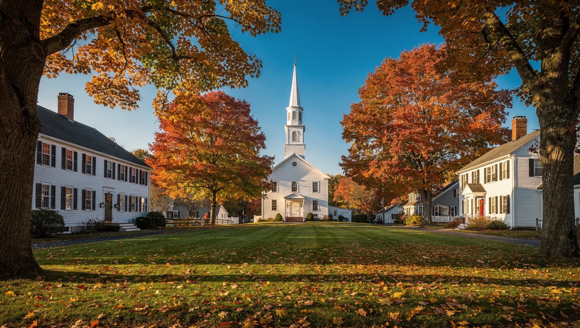 The historic white-clapboard homes and green common at the center of Amherst Village, New Hampshire.