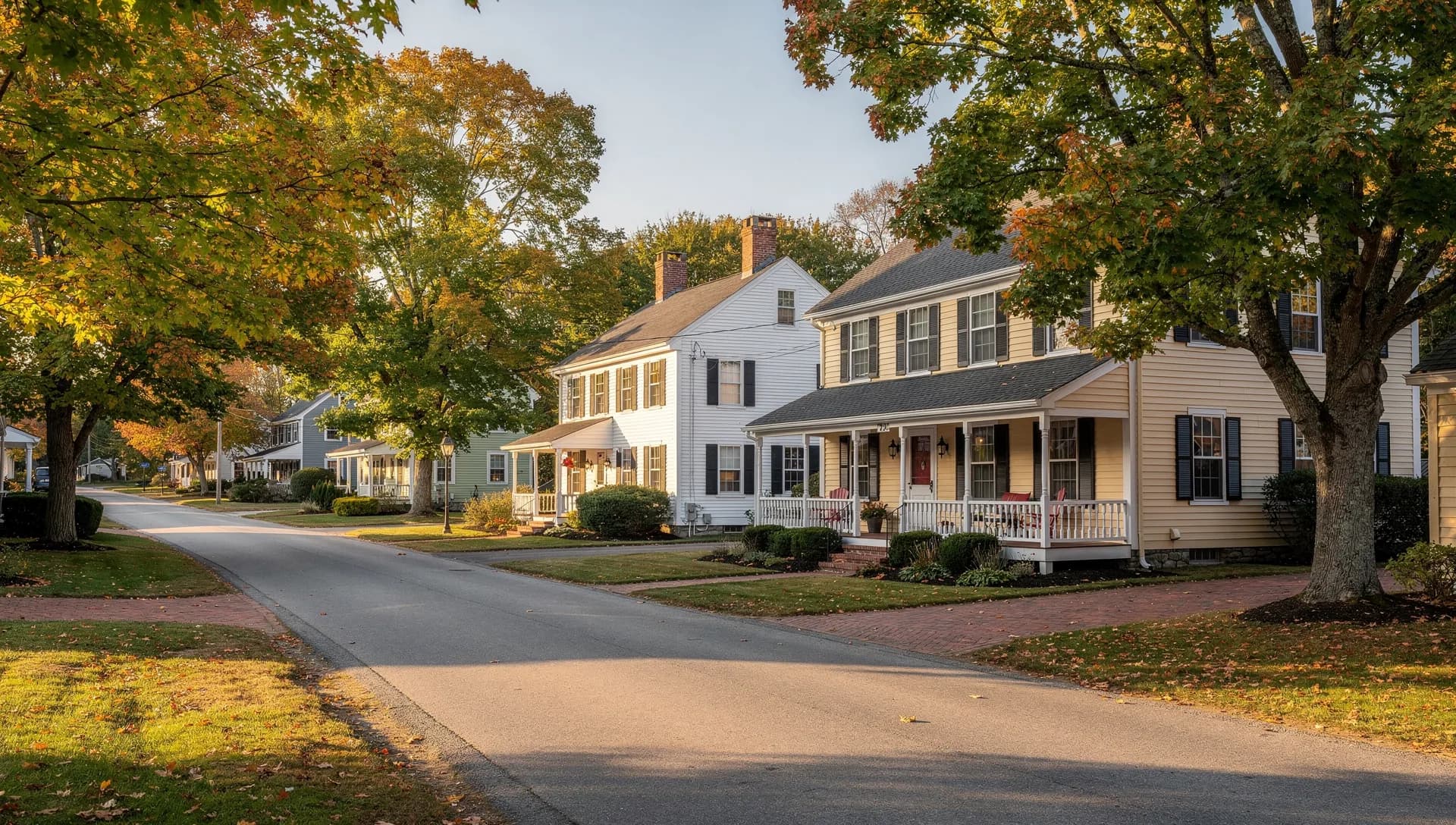 A quiet tree-lined residential street of Colonial homes in Atkinson, New Hampshire.
