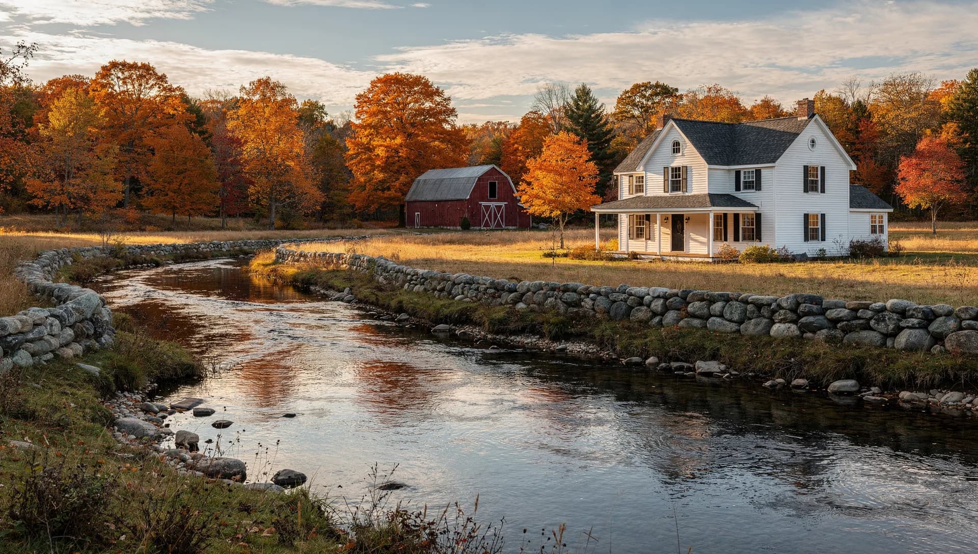 A river curving past fieldstone walls toward a white farmhouse and a red barn under orange autumn maples in Brentwood