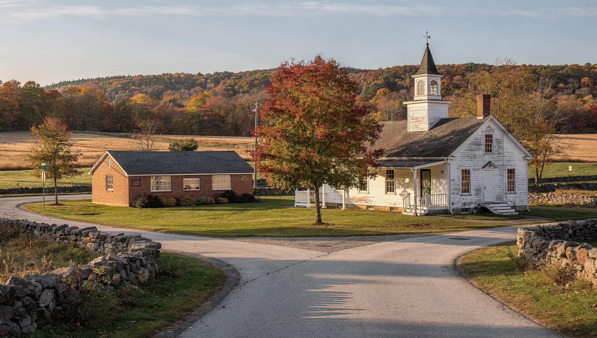 A country crossroads between stone walls, with a white clapboard hall and belfry, a small brick building and autumn fields below a wooded hill in Candia
