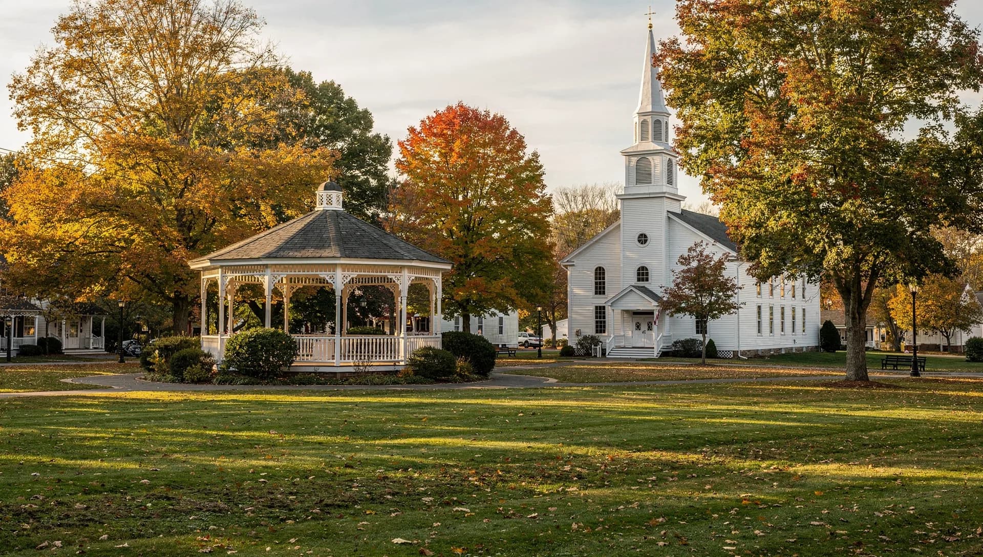 A white gazebo and a white steepled church on a New England town common ringed by autumn maples in Chelmsford, Massachusetts.