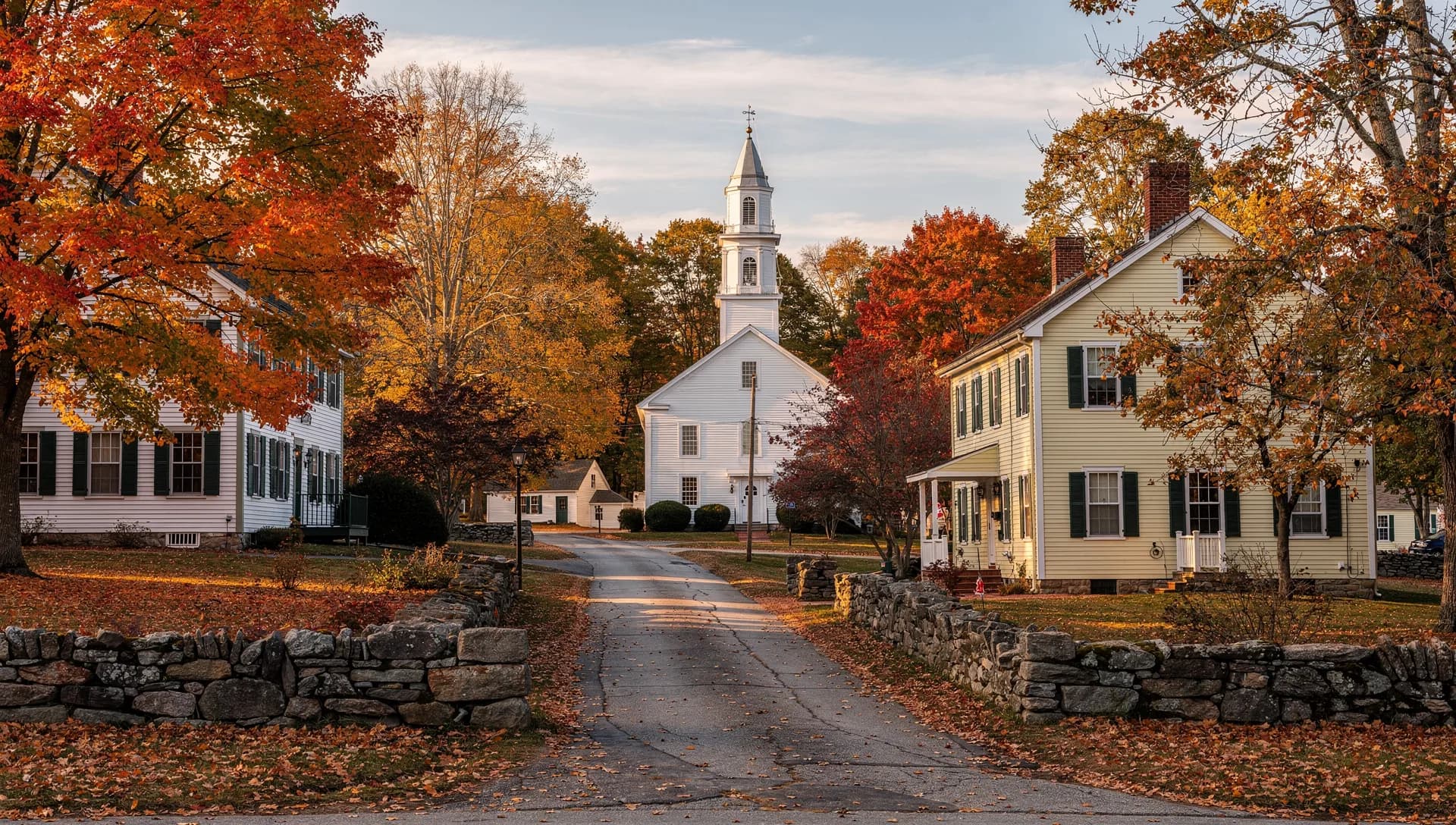 A white Colonial meetinghouse and historic homes around the green at Chester Center, New Hampshire.