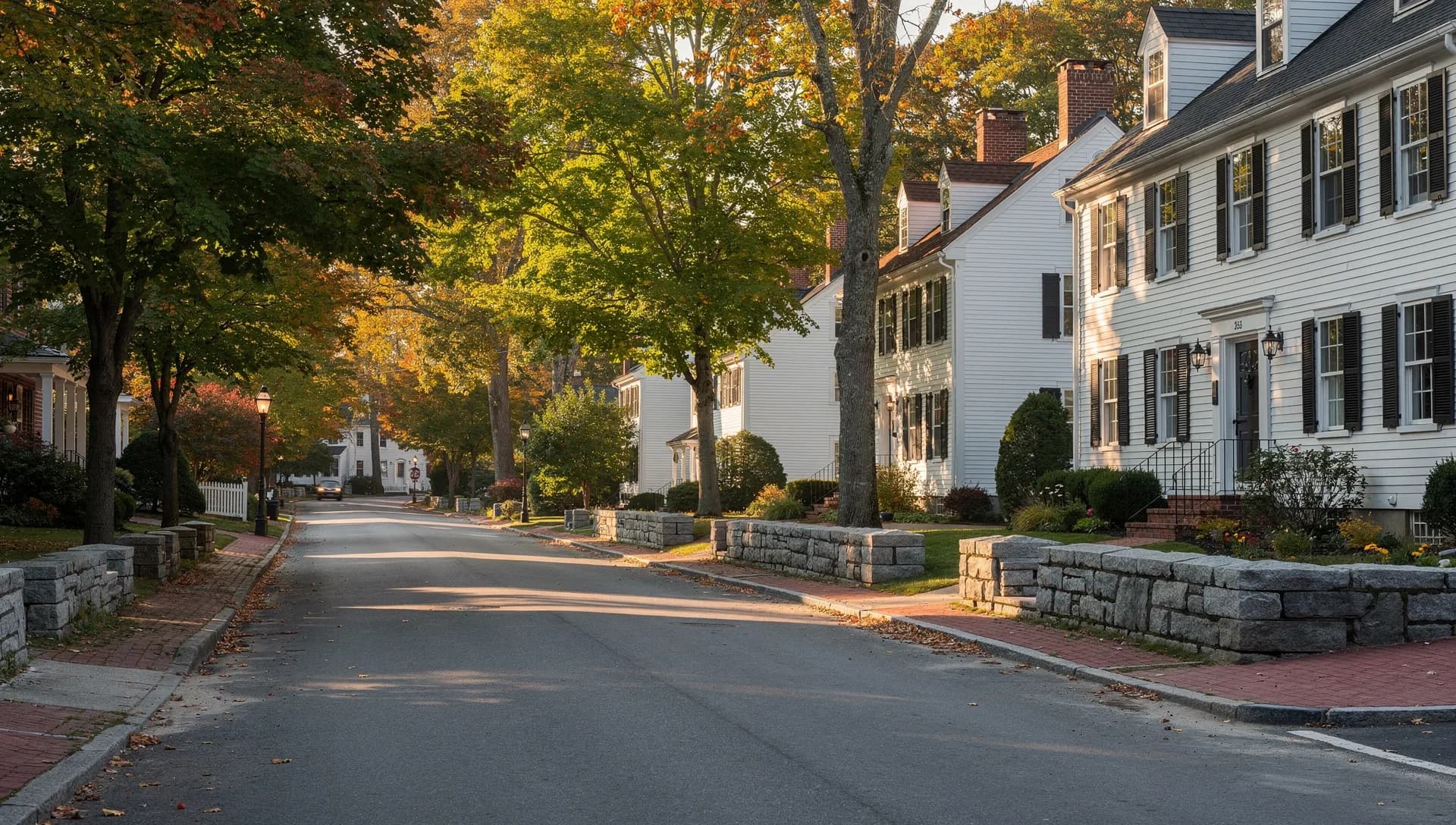 A tree-lined residential street of historic Colonial and brick homes near the capitol in Concord, New Hampshire.