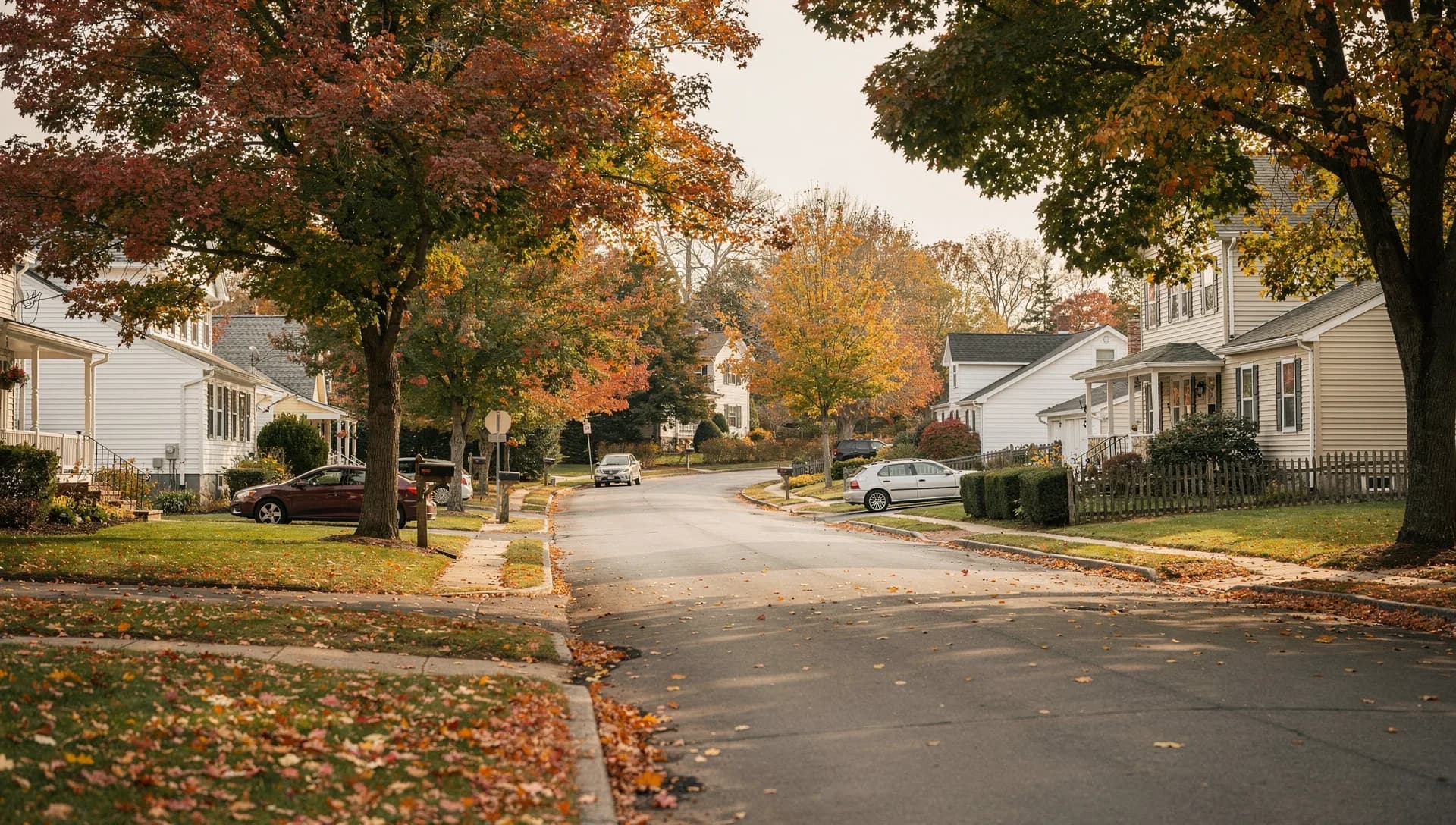 A residential street of older New England homes in Derry, New Hampshire.