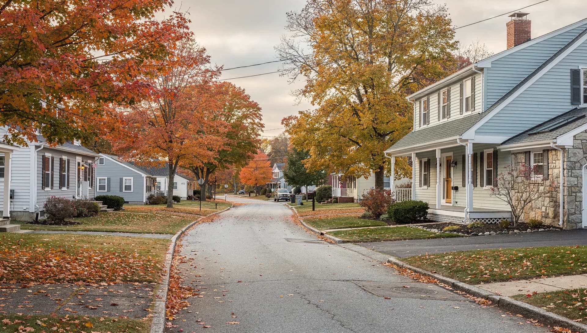 A quiet suburban street of single-family homes with mature trees in Dracut, Massachusetts.