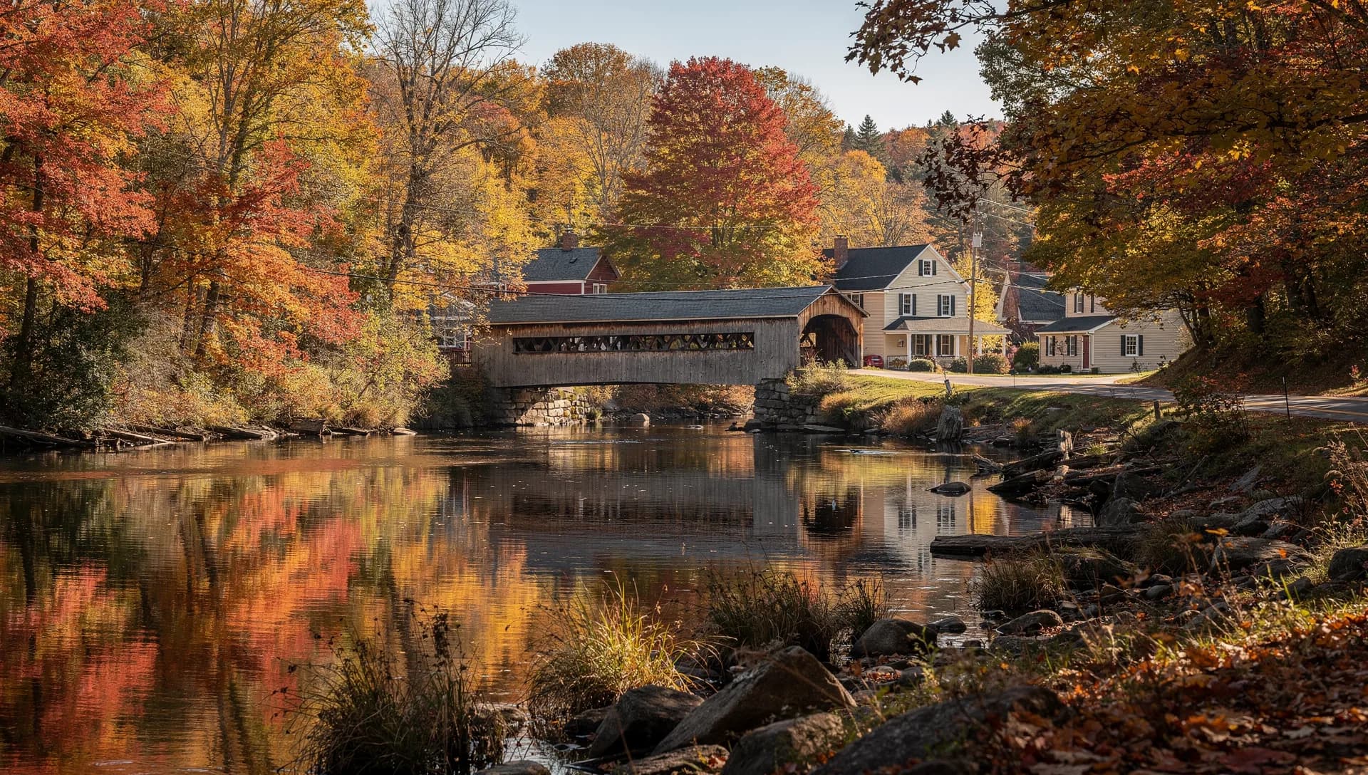 The village center of Goffstown, New Hampshire, along the Piscataquog River with its old covered railroad bridge nearby.