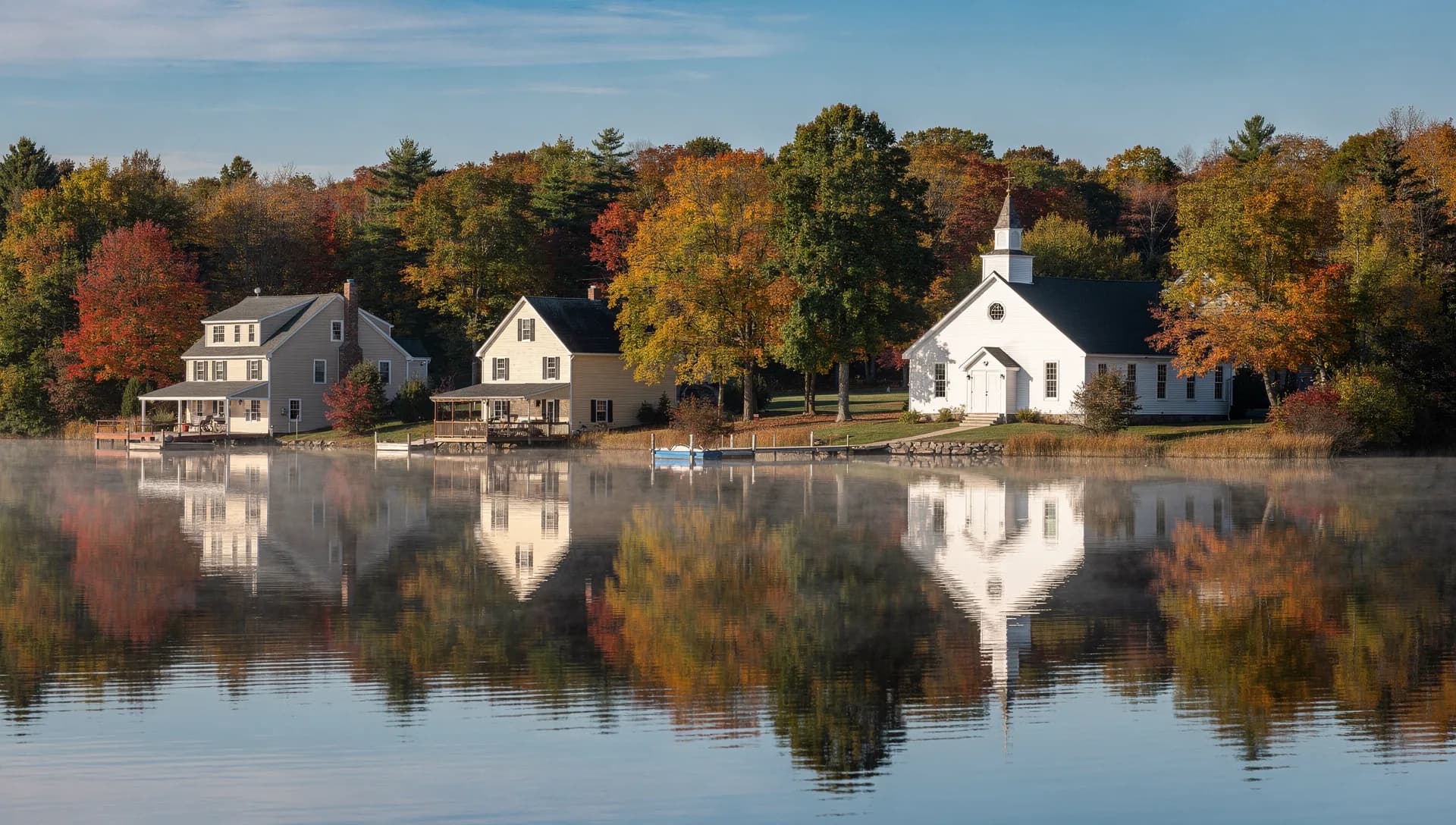 White clapboard homes and a small white steepled church reflected in a calm, misty lake at dawn in autumn, in Hampstead, New Hampshire.