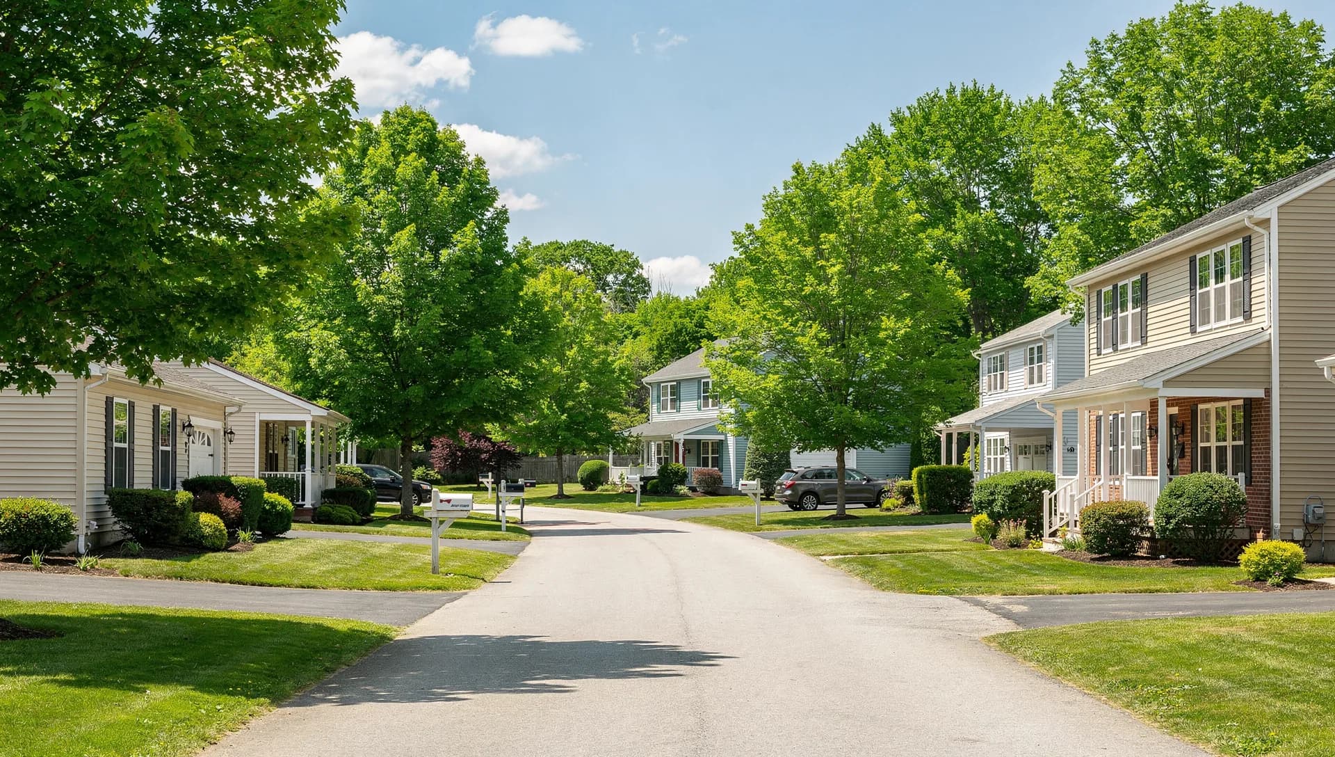 A suburban Hudson, New Hampshire neighborhood of well-kept homes on the east bank of the Merrimack River.