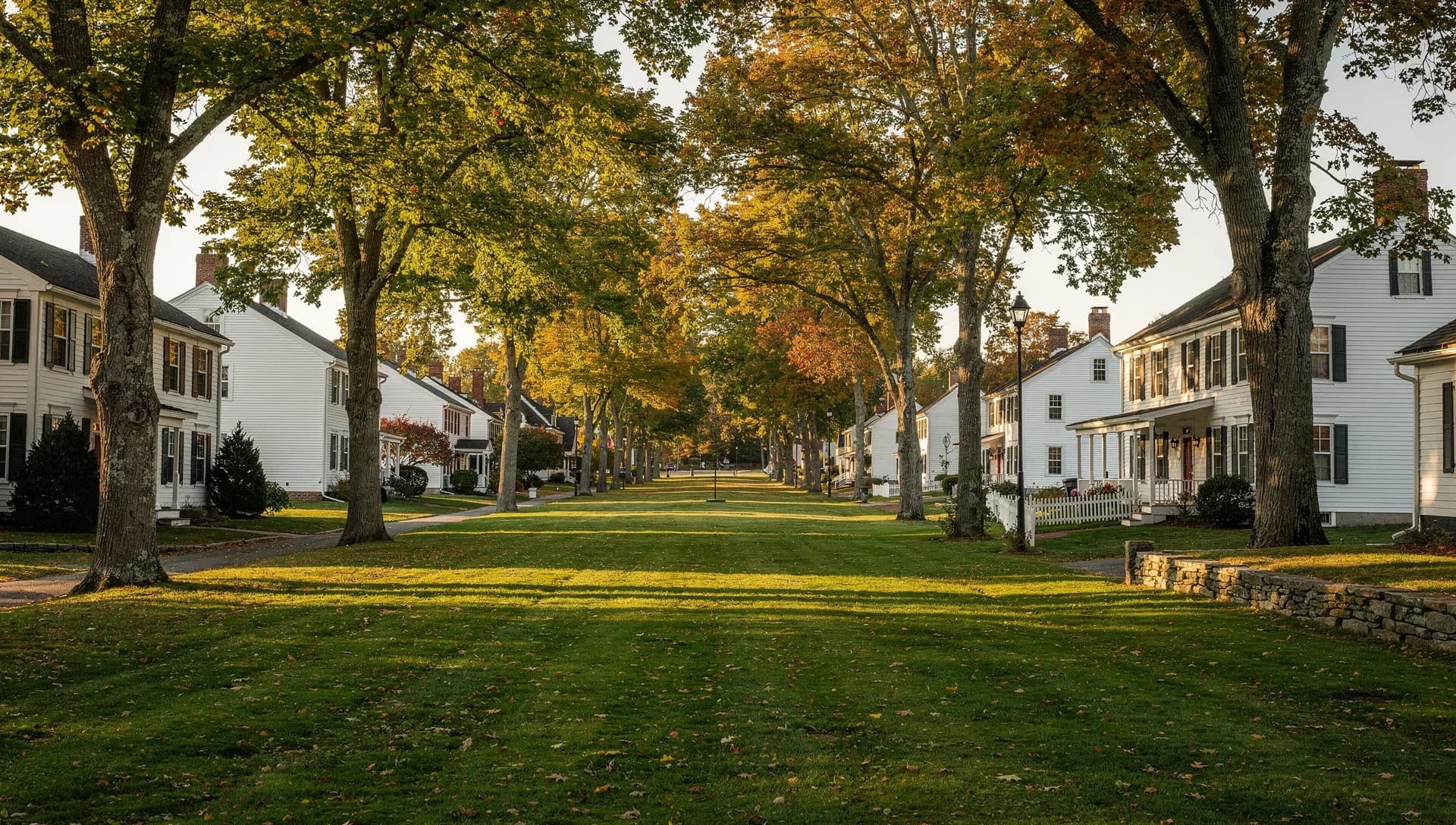 White colonial homes with black shutters lining a long, tree-shaded town green at golden hour in autumn in Kingston, New Hampshire.