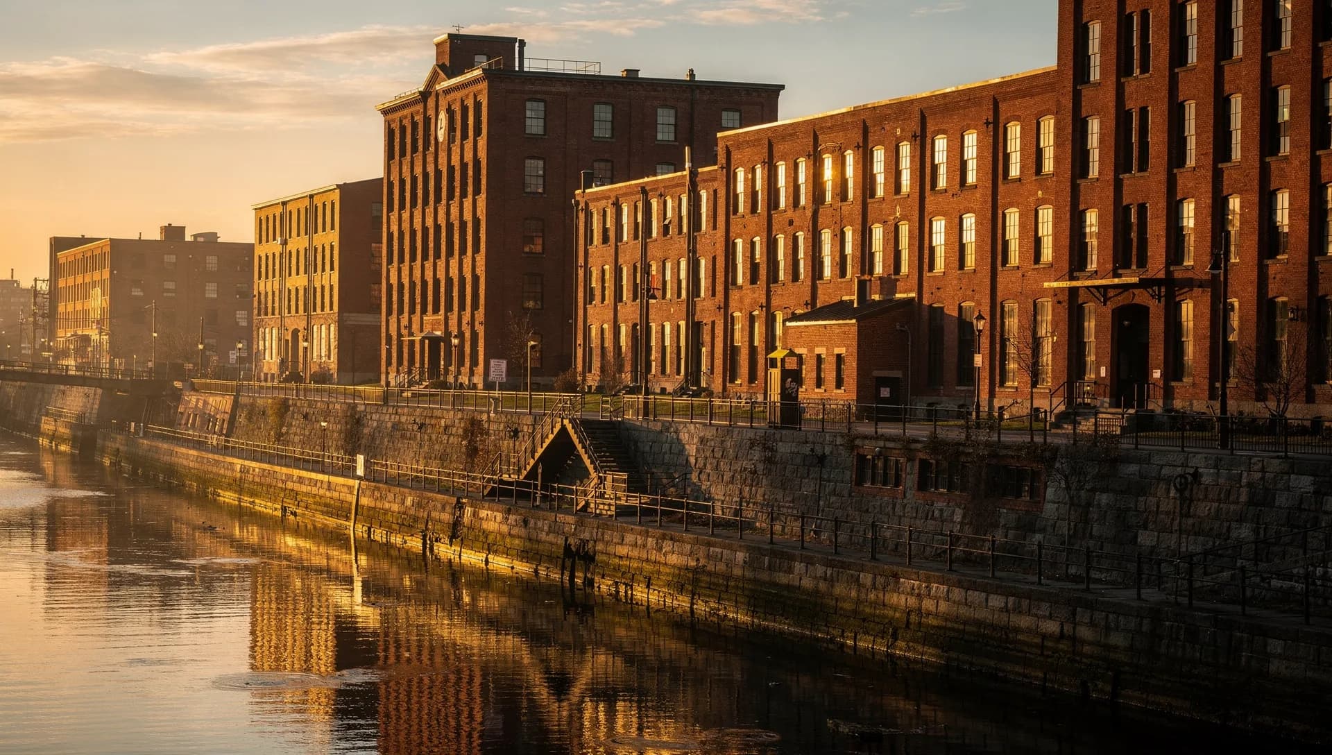 Great red-brick textile mills lining a stone-walled canal and reflected in the water at golden hour in Lawrence, Massachusetts.