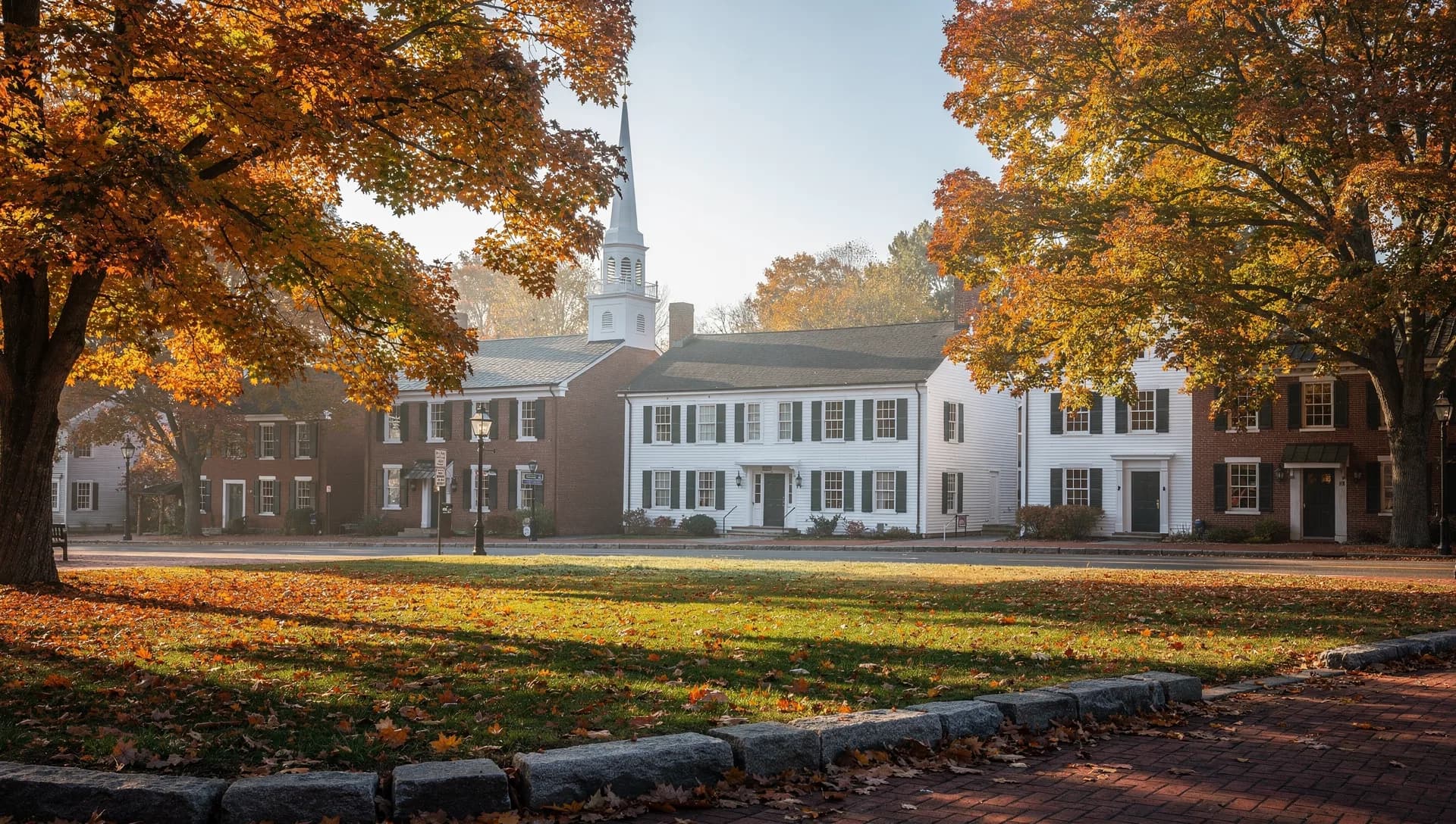 Brick and white clapboard buildings with a church steeple behind them, seen across a leaf-covered green under golden maples in Merrimac