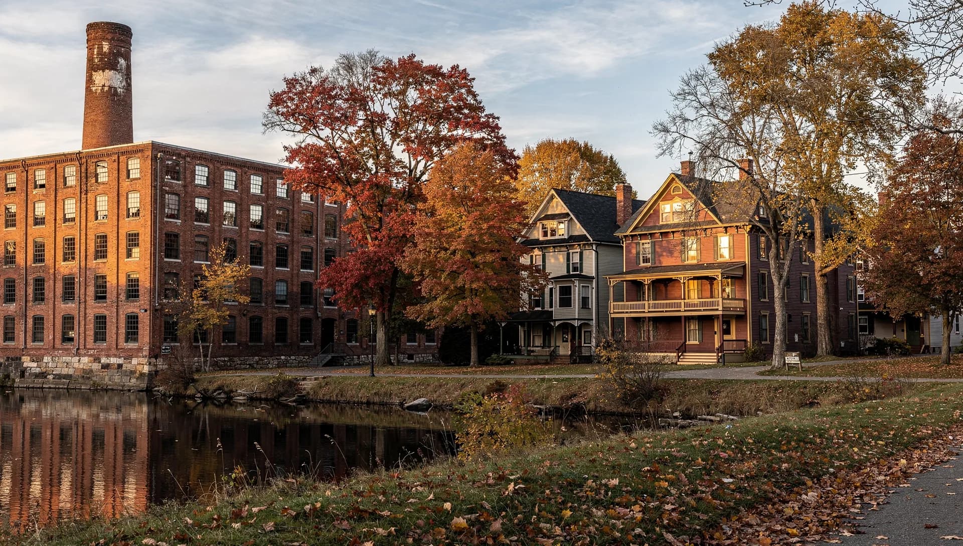 A tall red-brick mill with a smokestack beside a calm canal and a row of Victorian porch-front homes in golden autumn evening light, in Methuen, Massachusetts.