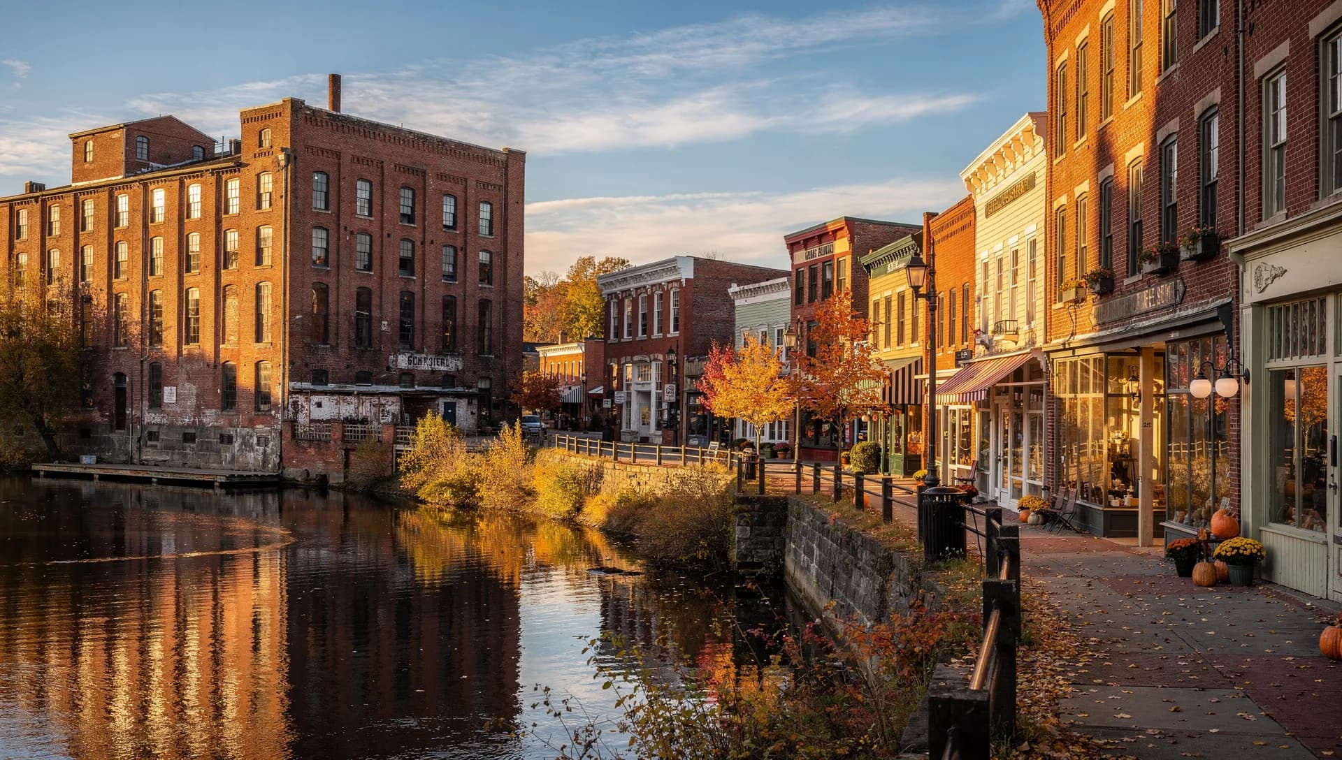 A row of restored brick mill-era buildings along a downtown Nashua, New Hampshire street near the Nashua River.