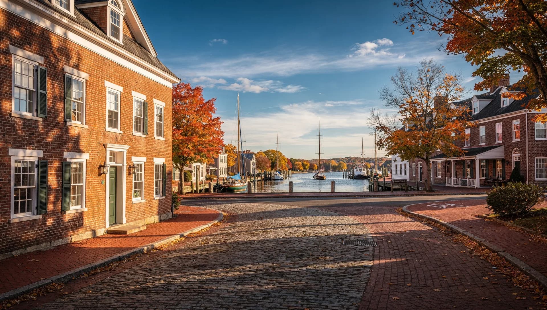 A row of Federal-era brick and clapboard homes near the historic waterfront in Newburyport, Massachusetts.