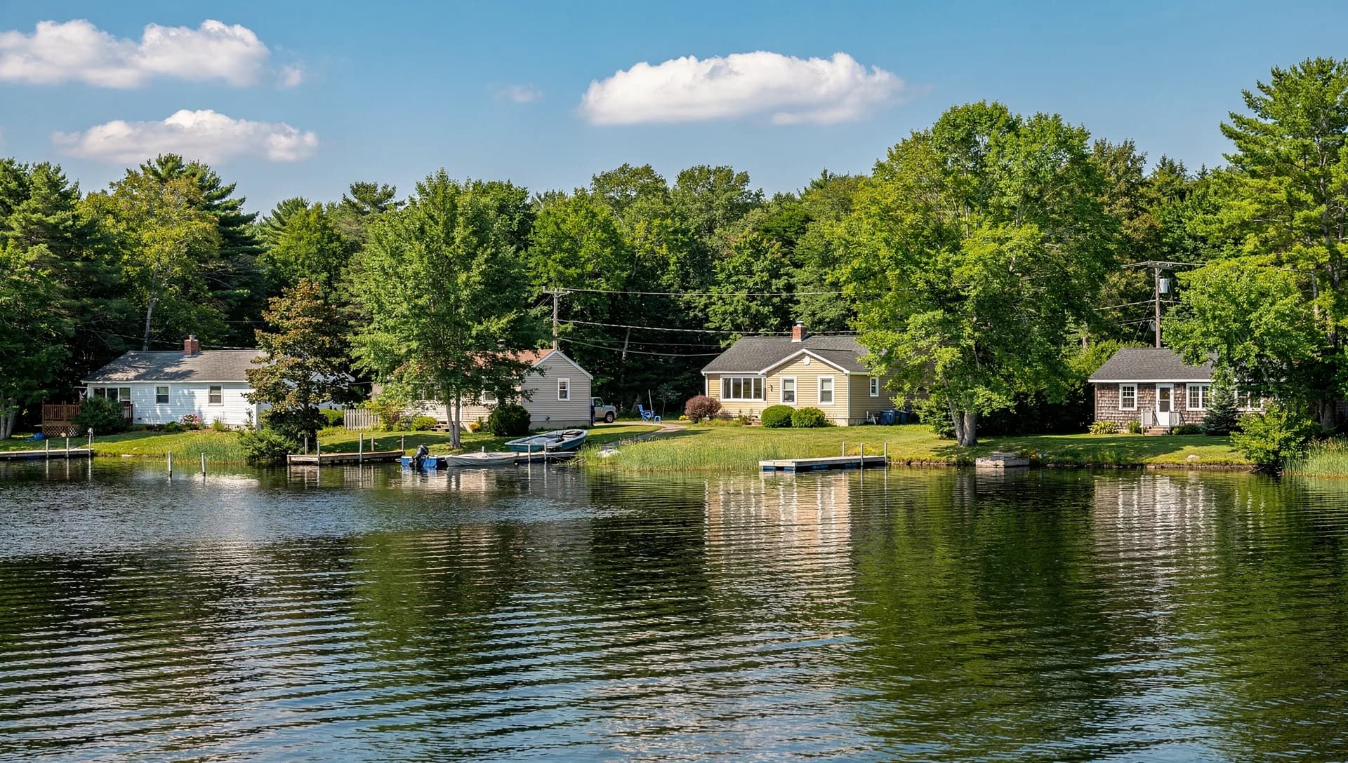 A lakeside cottage among tall trees near Country Pond in Newton, New Hampshire.