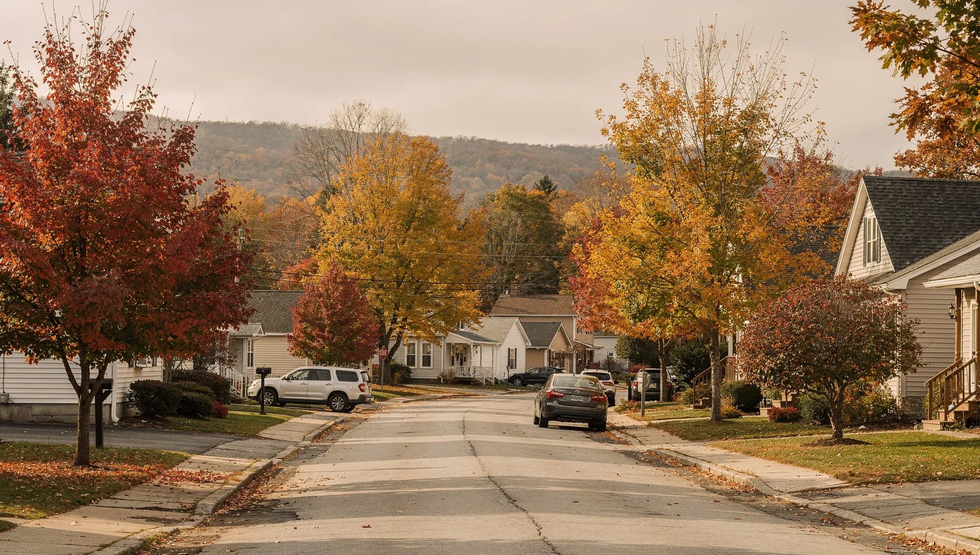 A residential street of well-kept homes in Plaistow, New Hampshire.