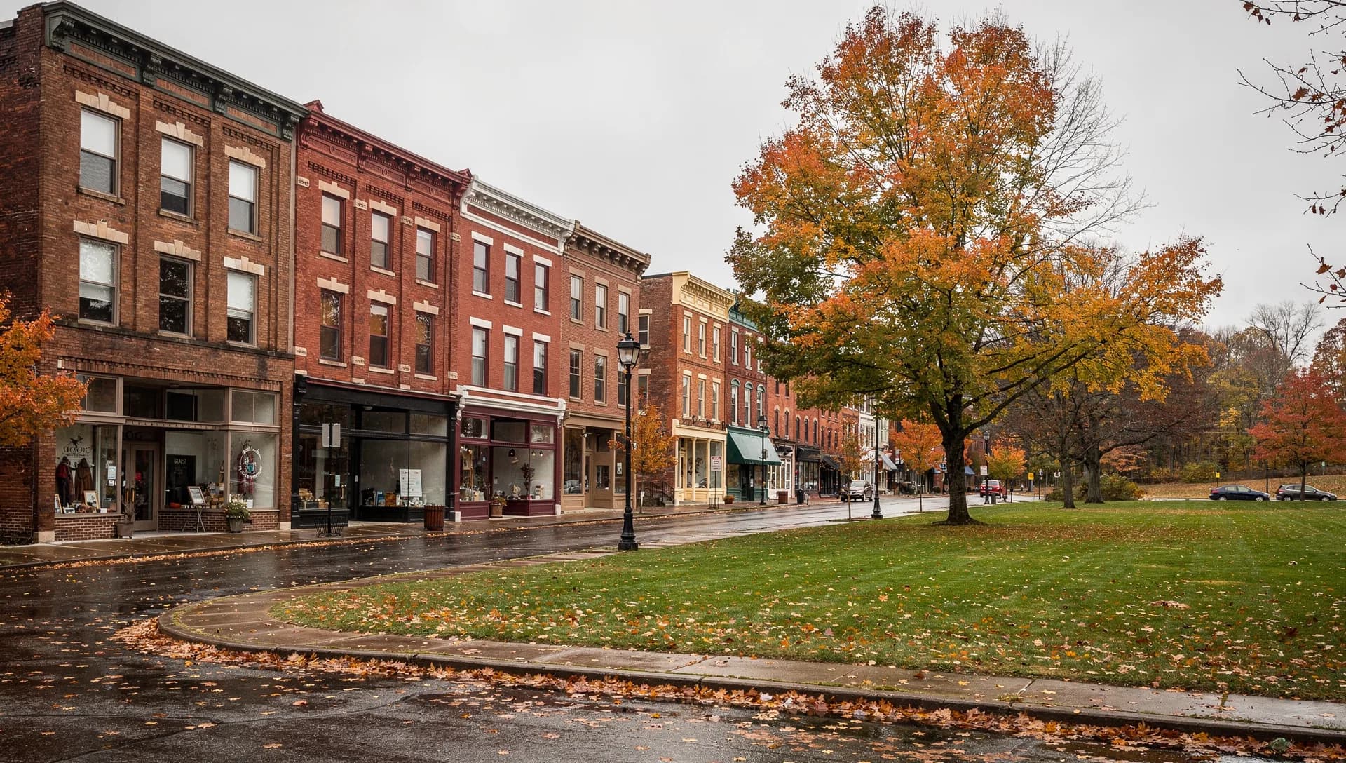 A downtown block of brick Victorian storefronts beside a tree-shaded green after autumn rain in Rochester, New Hampshire.