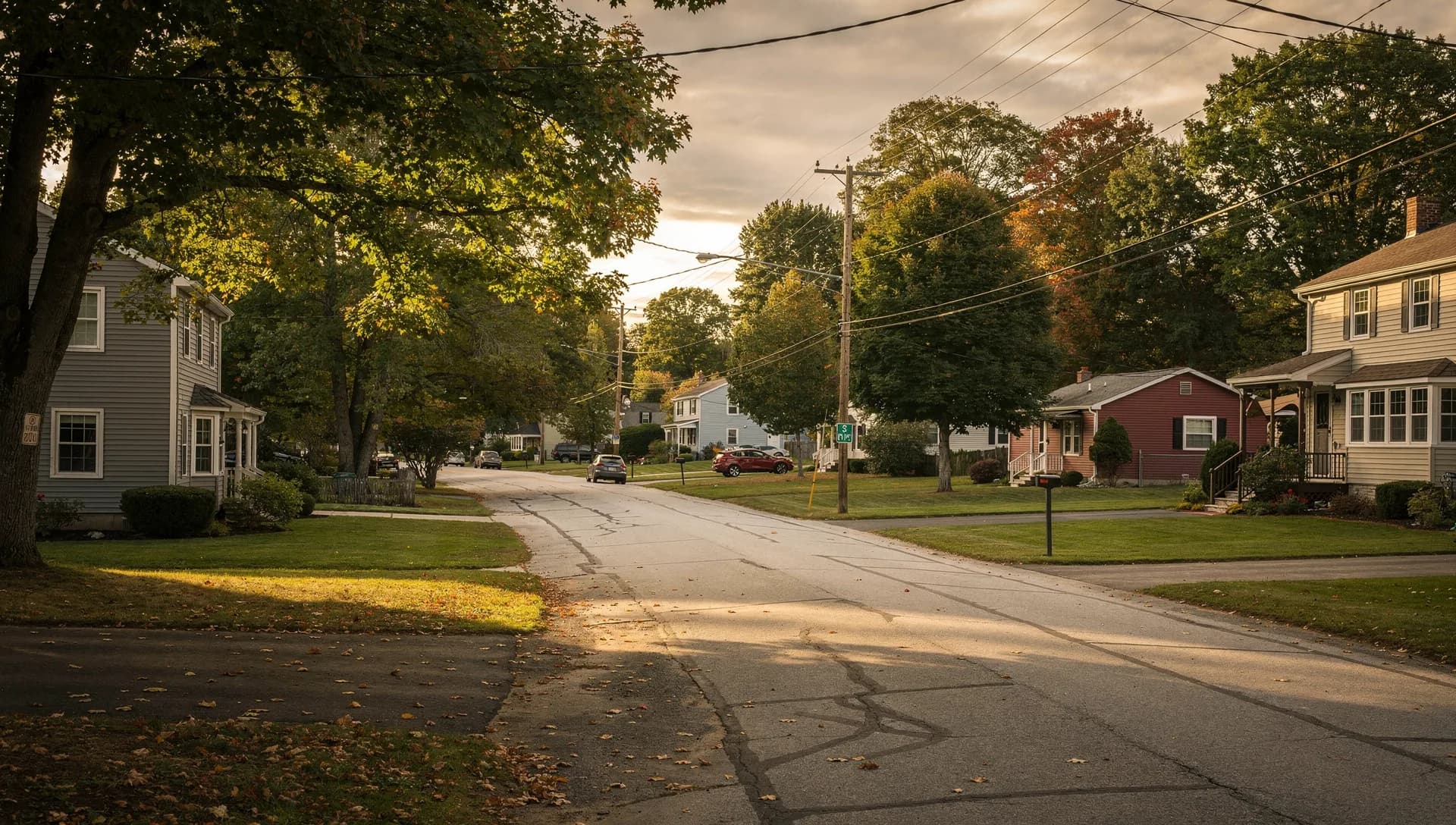 A suburban Salem, New Hampshire neighborhood with mature trees along the roadside.