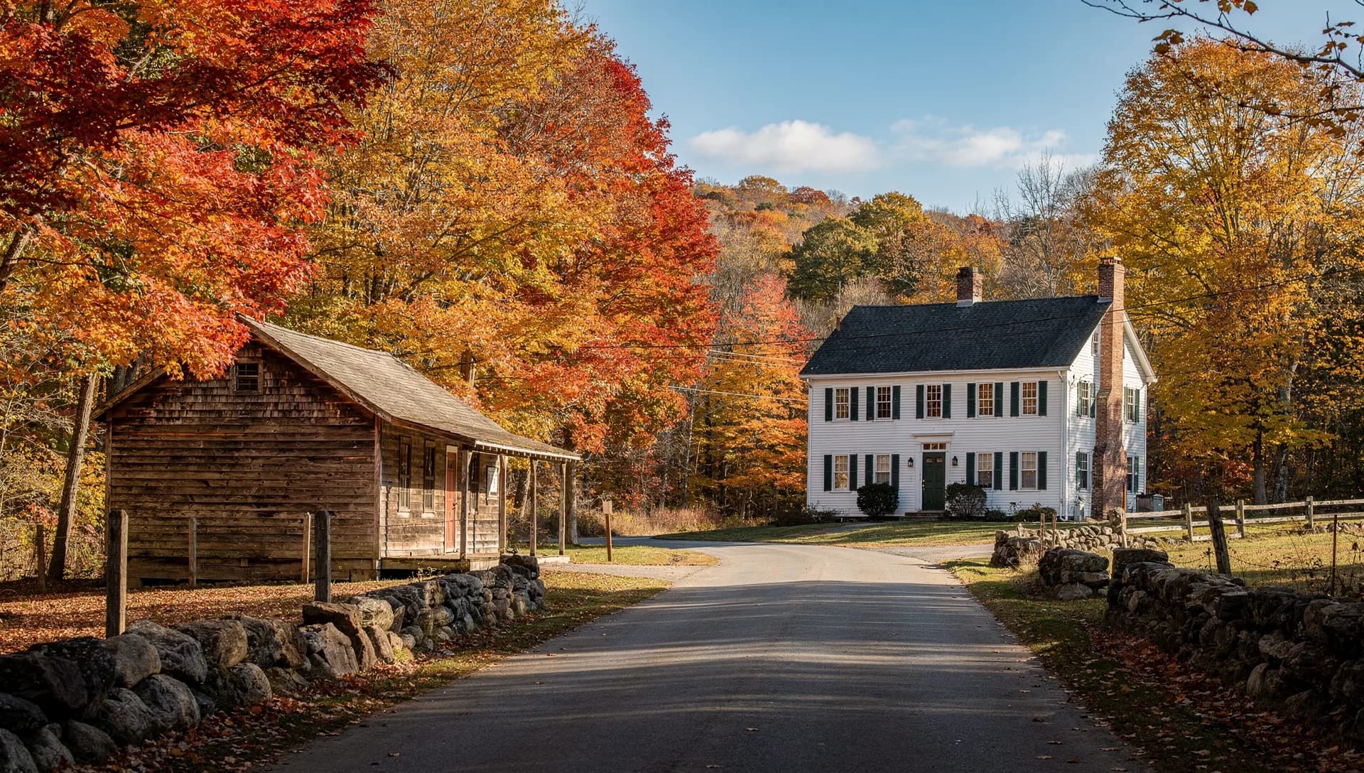 A weathered wood-shingled barn and a white colonial farmhouse along a stone-walled country road amid vivid fall foliage in Sandown, New Hampshire.