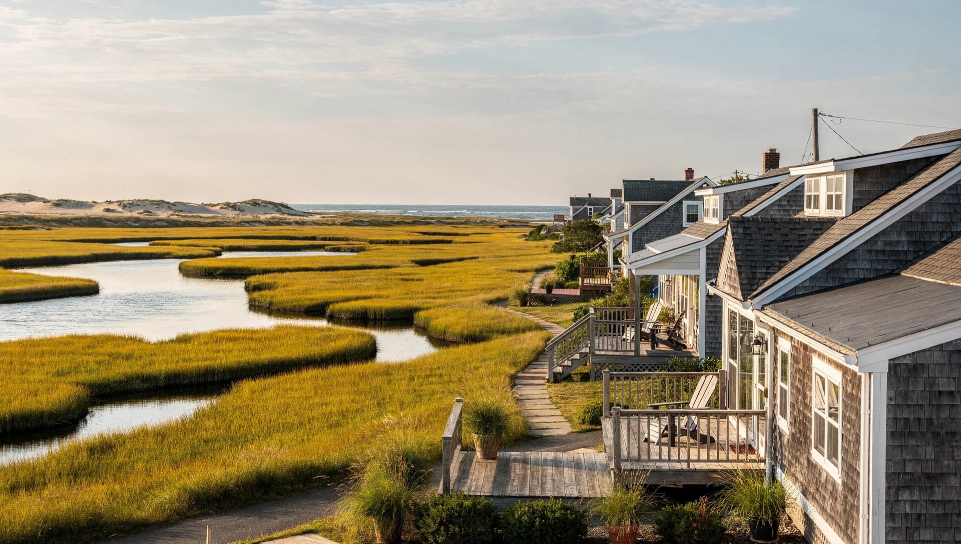 Salt marsh and beach cottages under a wide sky along the shore in Seabrook, New Hampshire.
