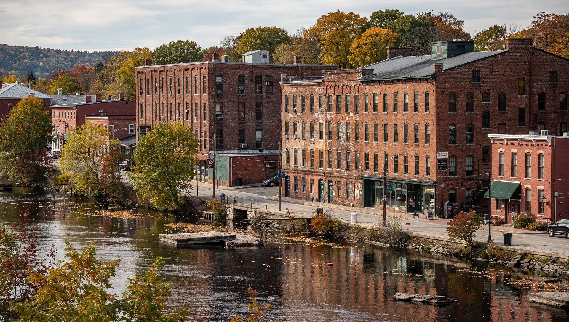 Red-brick mill and downtown buildings lining the Salmon Falls River under autumn trees in Somersworth, New Hampshire.