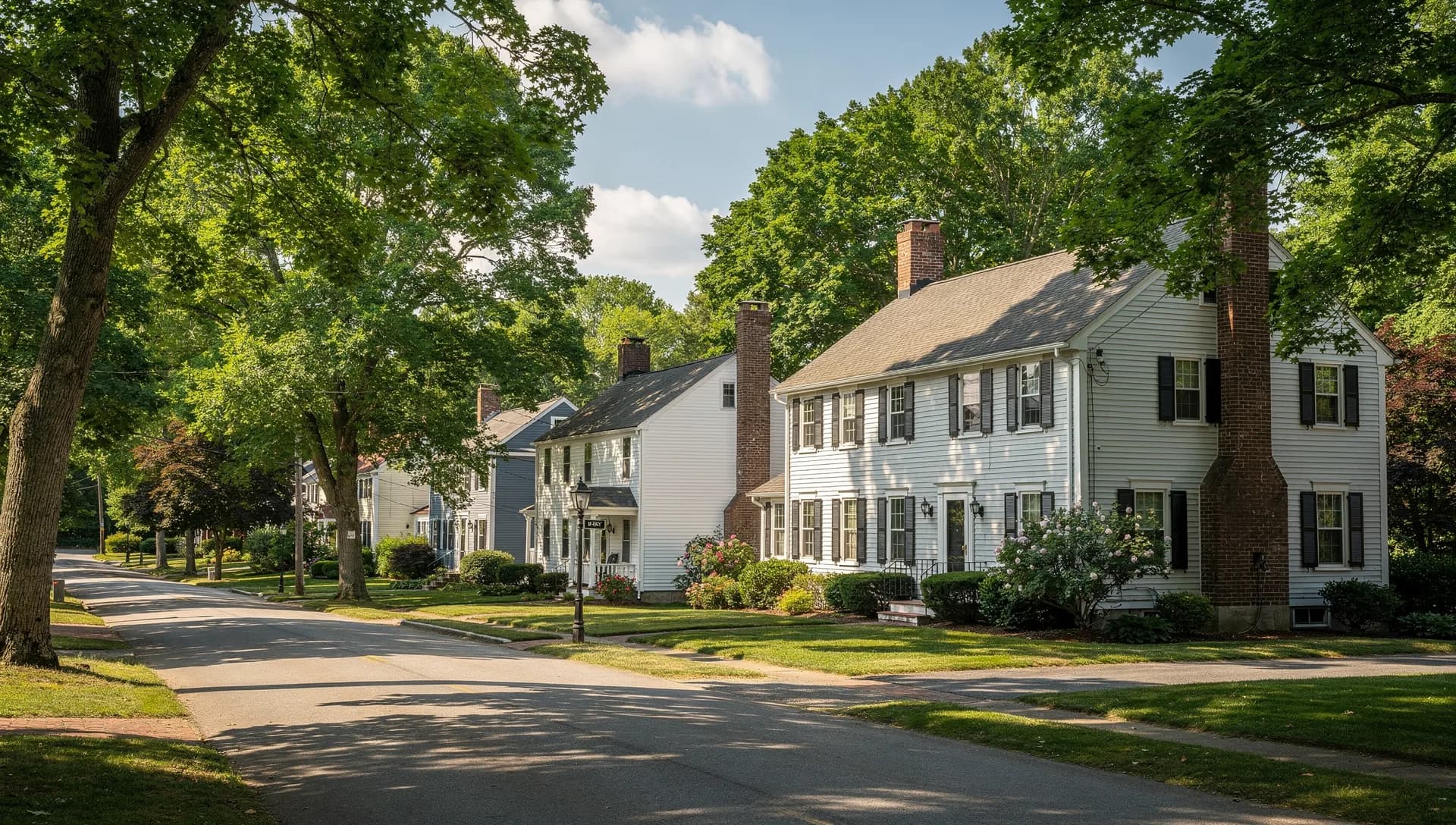 A residential neighborhood of well-kept ranch and colonial homes along a tree-lined road in Tewksbury, Massachusetts.